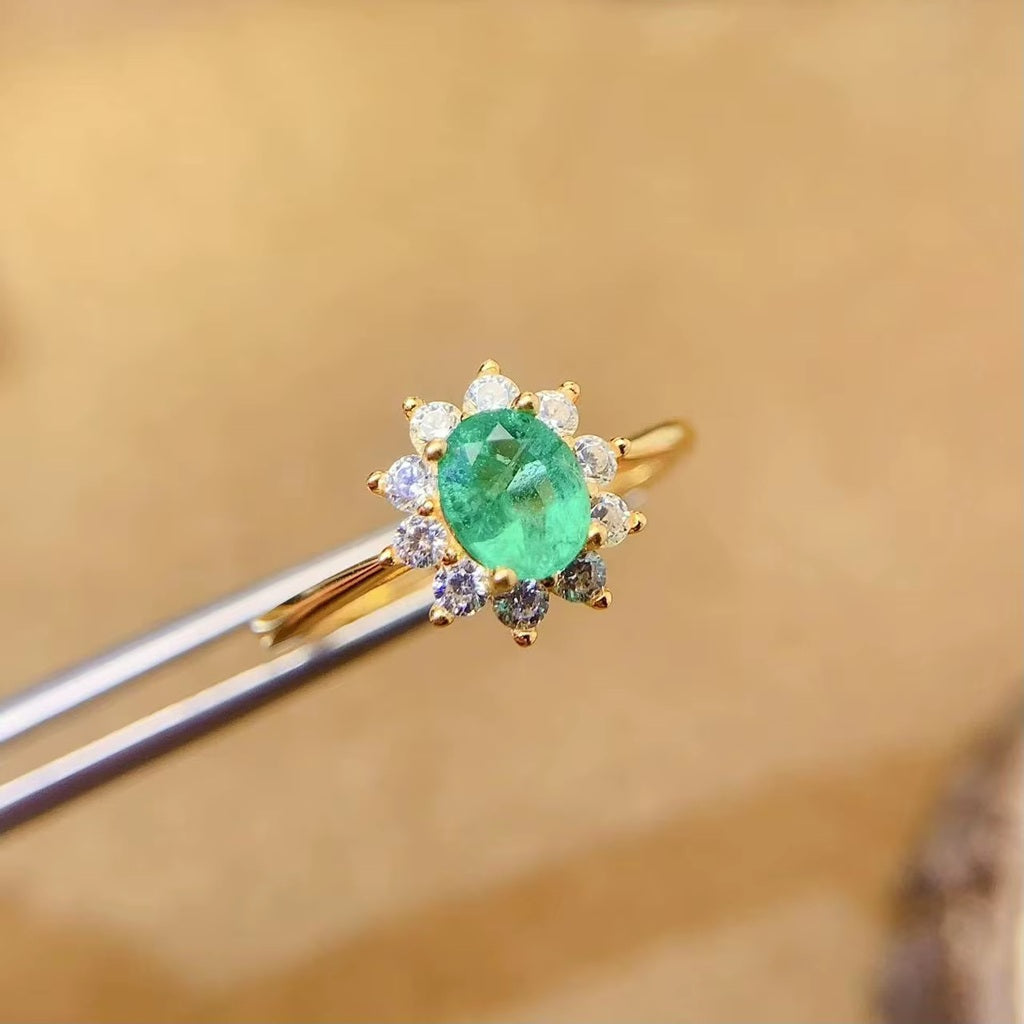 Natural Green Emerald Gemstone 925 Sterling Silver 18K Gold Plated Adjustable Ring for Women