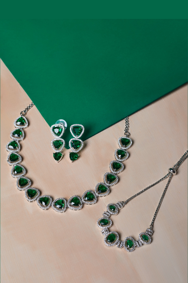 Green Stone Triangle Necklace Set with Earrings And One FREE Bracelet | Combo Offer