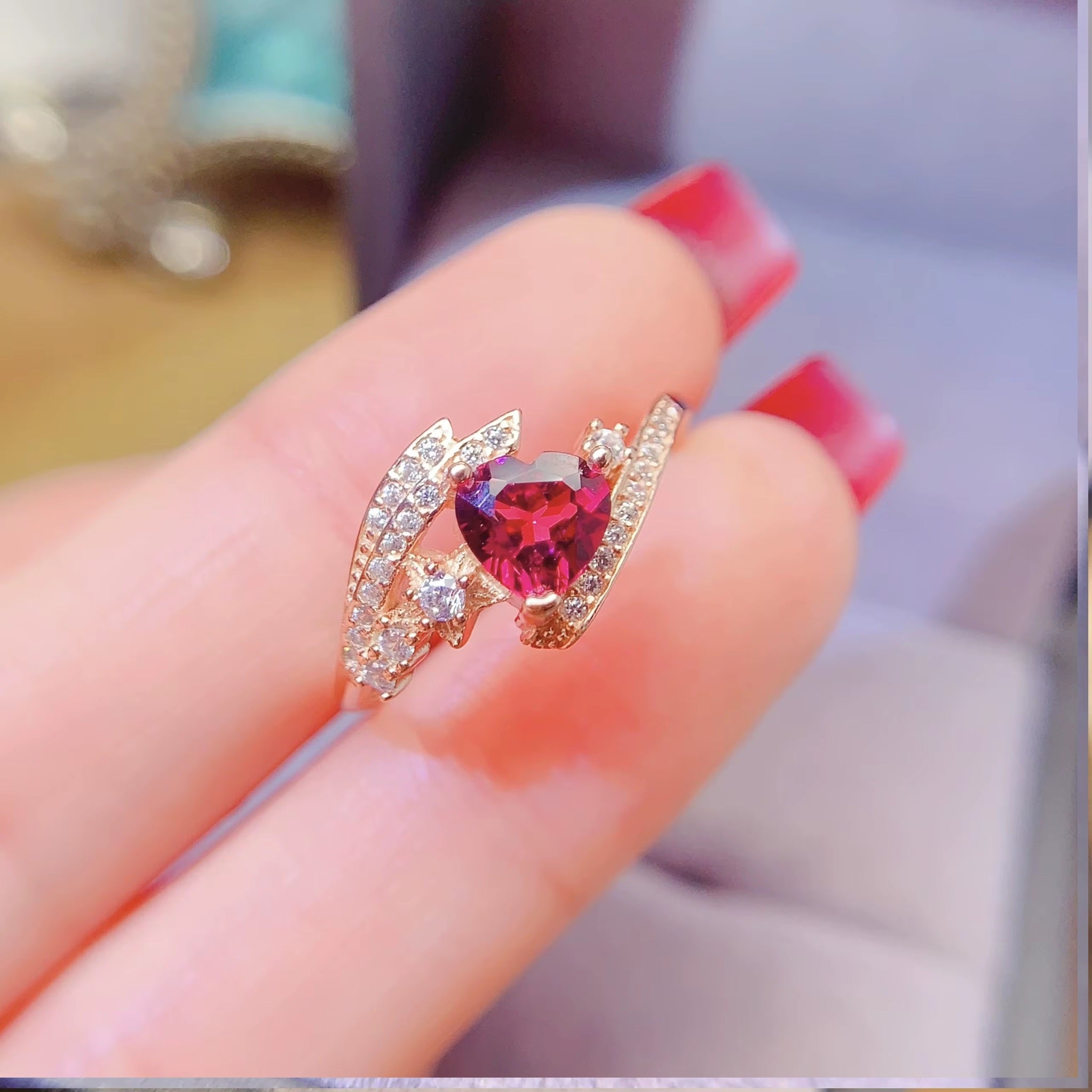 Real 925 Sterling Silver 18k Rose Gold Plated Natural Pyrope Garnet Heart Cut Adjustable Size Women Ring