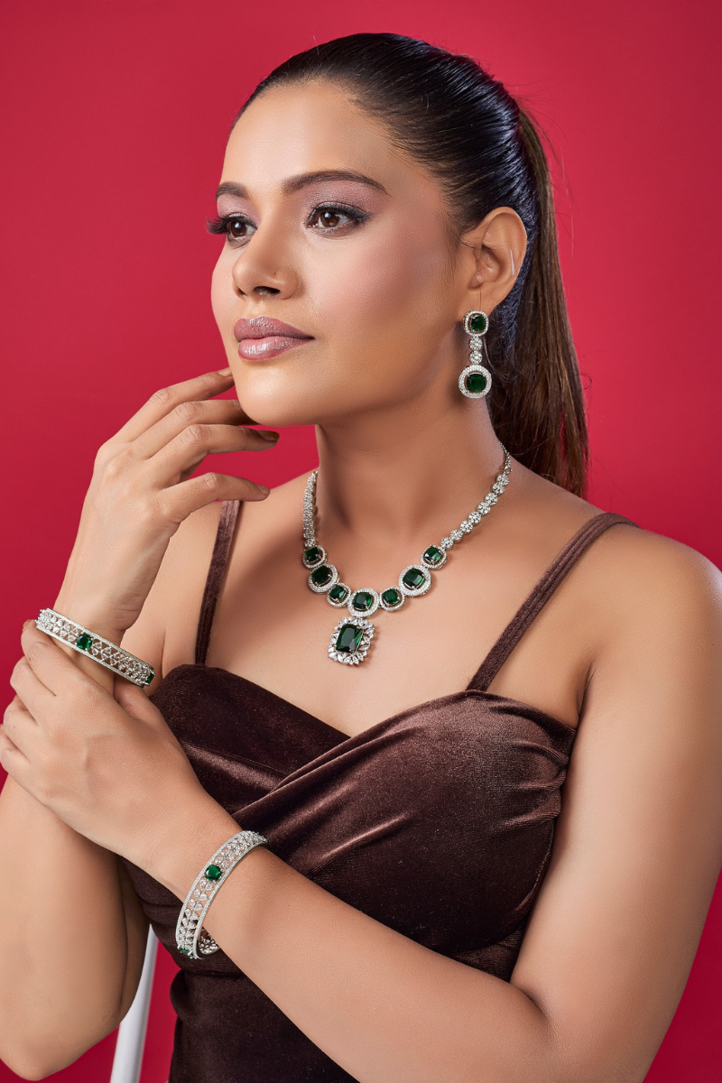 Necklace & Earrings Set + FREE Matching Bangle | Limited-Time Deal, Green Emerald AD stone Necklace Set