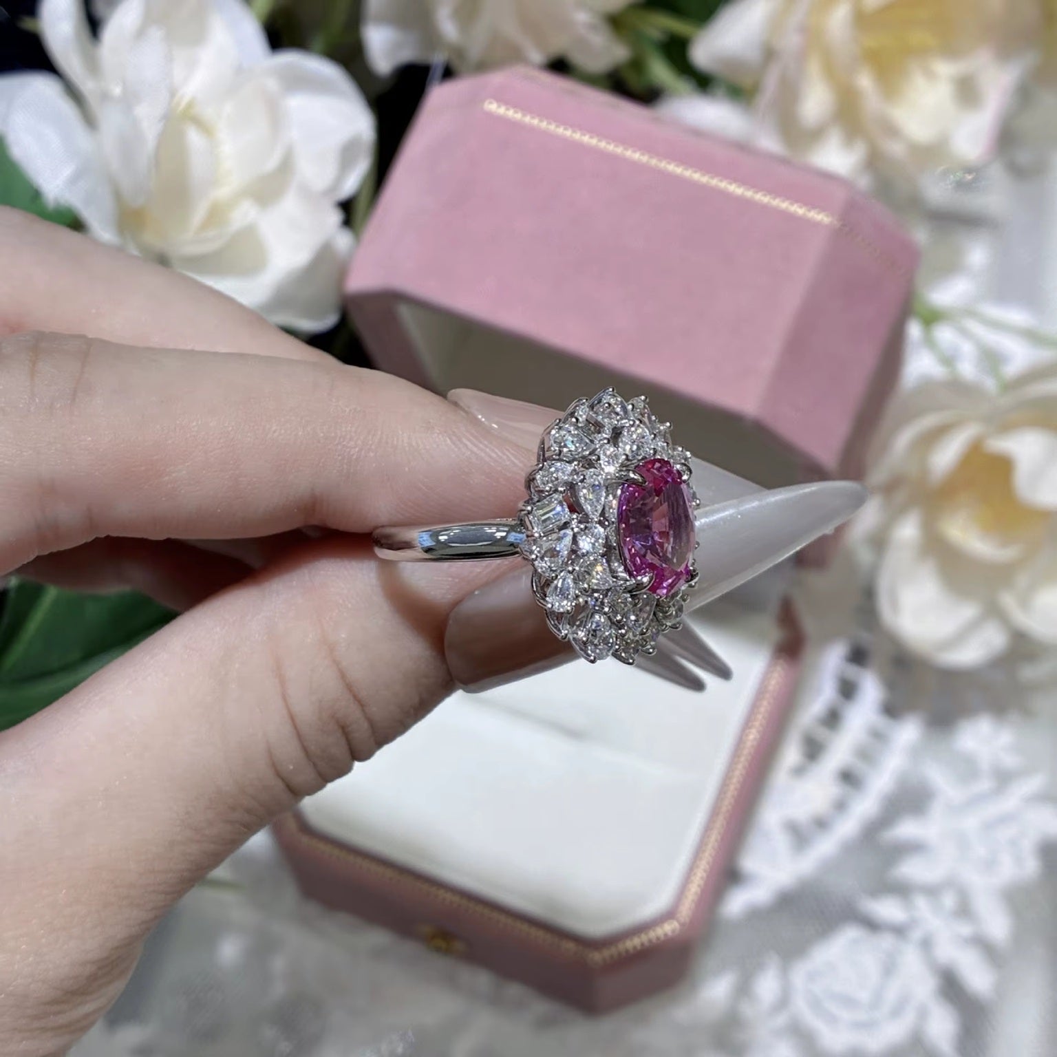 Oval Pink Sapphire And Diamond Stackable 925 Sterling Silver Rhodium Plated Adjustable Ring