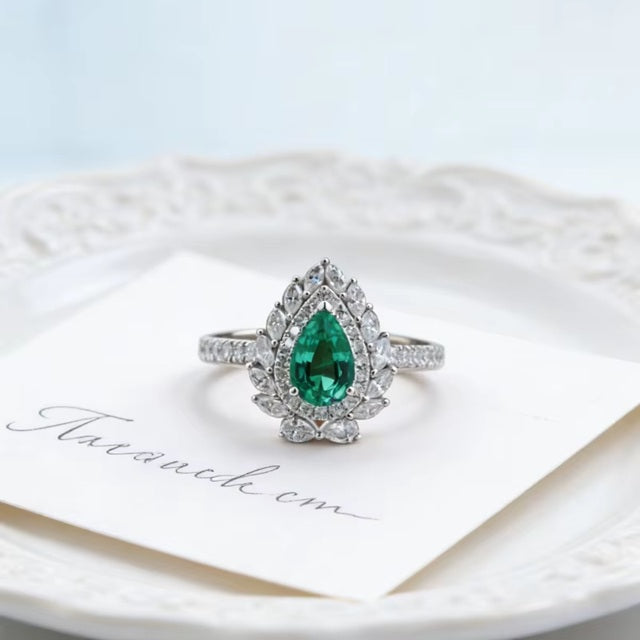 Pear Cut green Stone And White Diamond Studded Sterling Silver Rhodium Plated Adjustable Size Ring