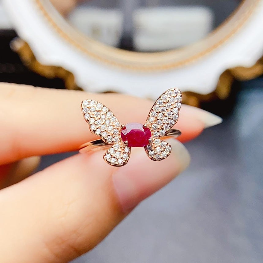 Natural Ruby Butterfly Gemstone Ring 925 Sterling Silver Rose Gold Plated Adjustable Size Ring