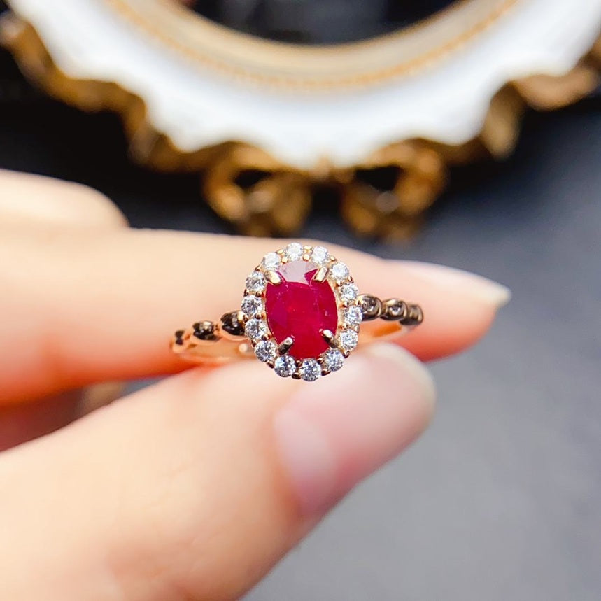 Natural Ruby Jade Ring In 925 Sterling Silver 18K Yellow Gold Plated Adjustable Size Ring