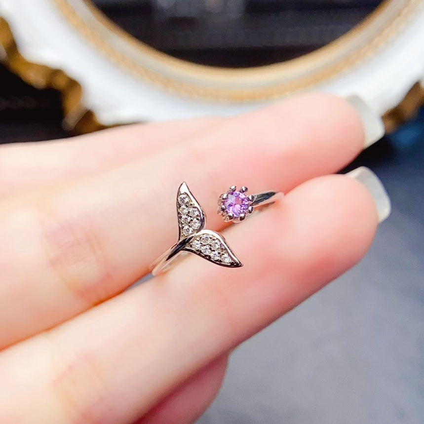925 Sterling Silver Natural Purple Stone And Rhodium Plated Adjustable Size Ring