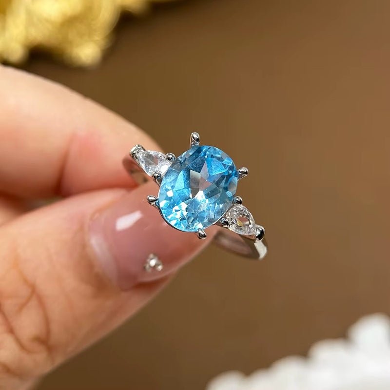 Sky Blue Topaz Ring for Women with Natural Light Blue Gemstone 925 Sterling Silver With Adjustable Size
