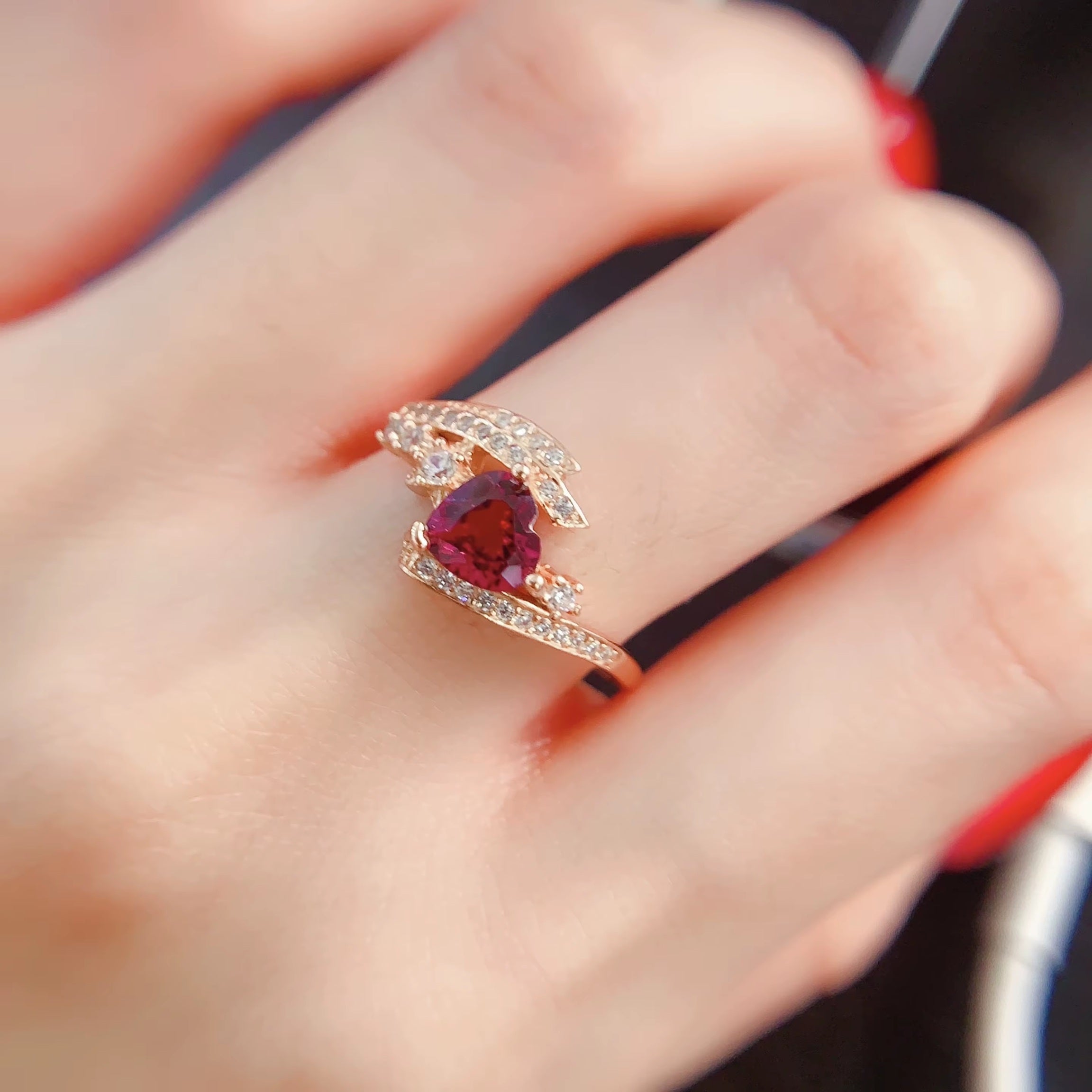 Real 925 Sterling Silver 18k Rose Gold Plated Natural Pyrope Garnet Heart Cut Adjustable Size Women Ring