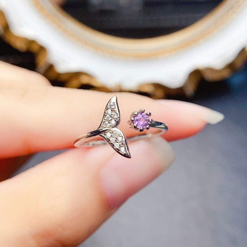 925 Sterling Silver Natural Purple Stone And Rhodium Plated Adjustable Size Ring