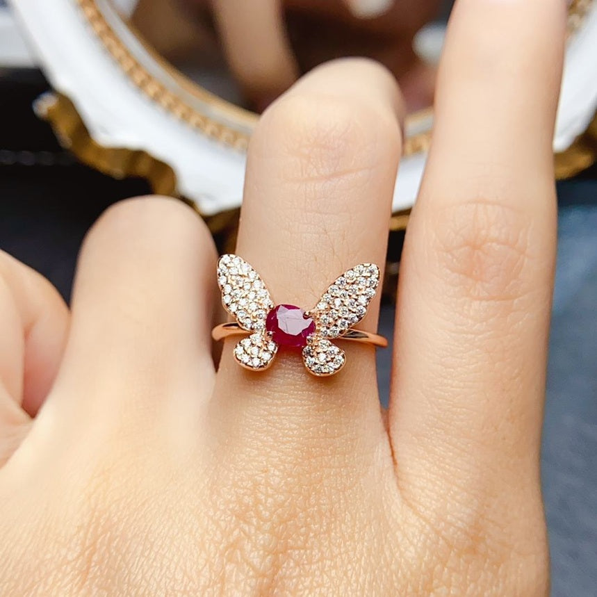 Natural Ruby Butterfly Gemstone Ring 925 Sterling Silver Rose Gold Plated Adjustable Size Ring