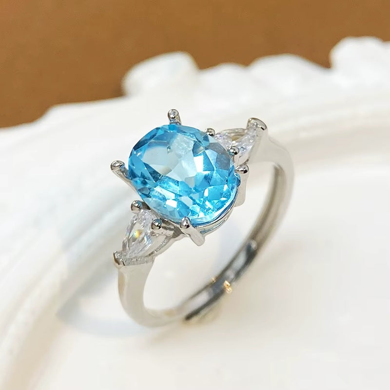 Sky Blue Topaz Ring for Women with Natural Light Blue Gemstone 925 Sterling Silver With Adjustable Size