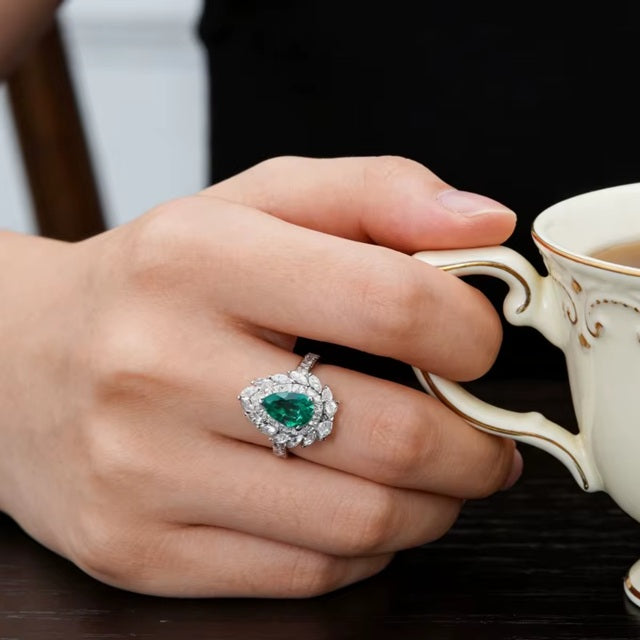 Pear Cut green Stone And White Diamond Studded Sterling Silver Rhodium Plated Adjustable Size Ring