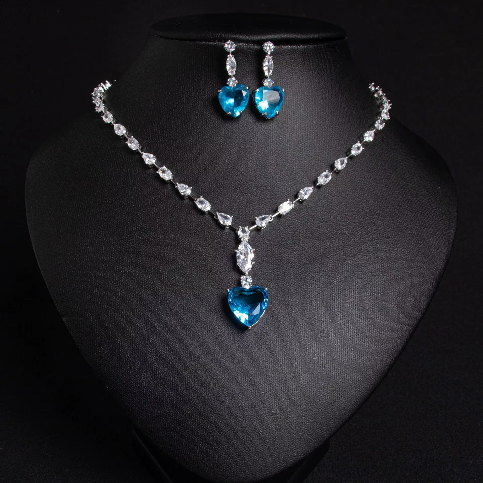 Multi Colored Heart Stone Imported American Diamond Necklace Set with Earrings In White Rhodium Plated