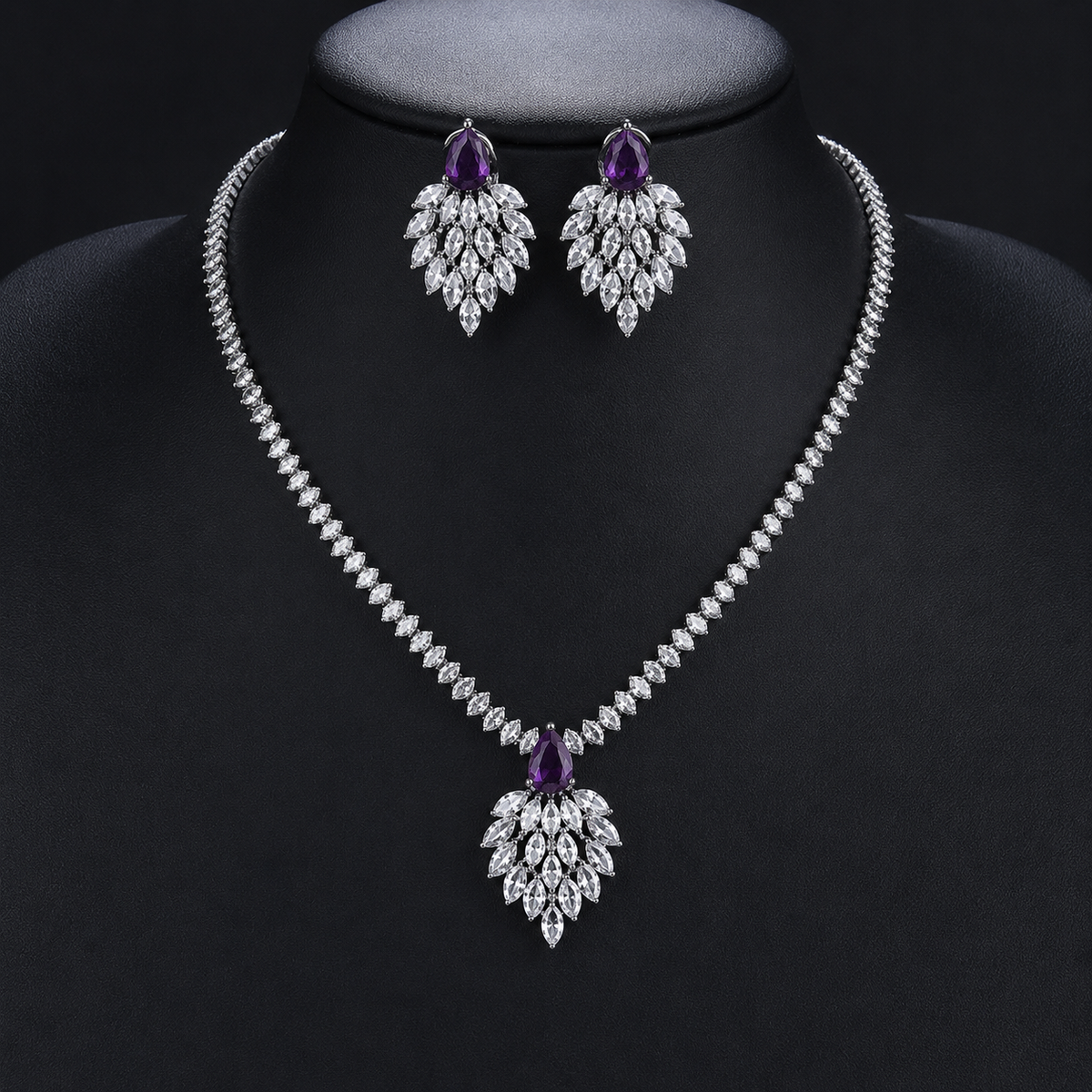 Multicolored Marquise And Drop Shaped American Diamond Necklace Set With Earrings Silver Plated