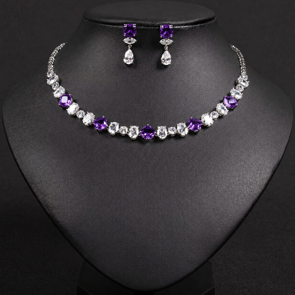 Multicolor Geometric Shaped Color Stone Silver Plated Necklace & Earrings Jewelry Set