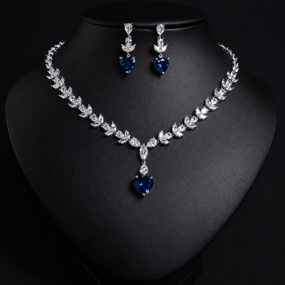 Heart-shaped American Diamond Silver Plated Necklace & Earrings Jewelry Set