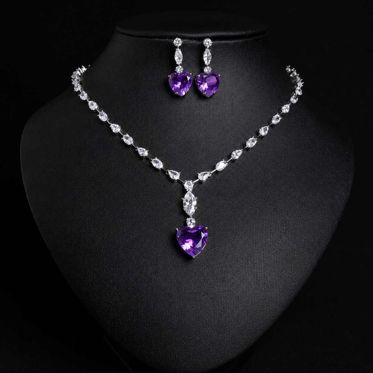 Multi Colored Heart Stone Imported American Diamond Necklace Set with Earrings In White Rhodium Plated