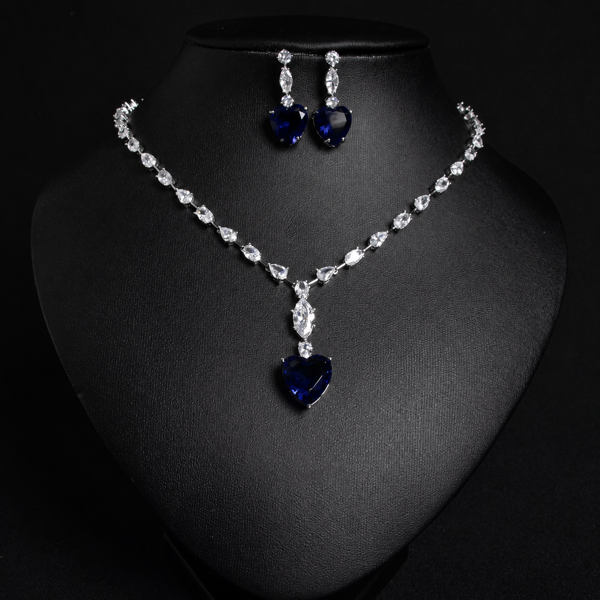 Multi Colored Heart Stone Imported American Diamond Necklace Set with Earrings In White Rhodium Plated
