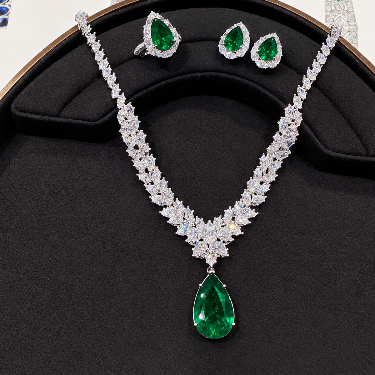 Pear Cut Raindrop Royale American Diamond Statement Necklace With Ring And Earrings Set
