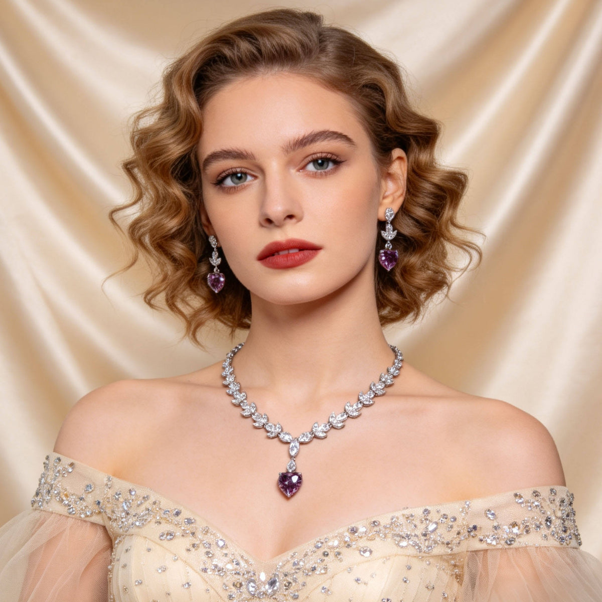 Heart-shaped American Diamond Silver Plated Necklace & Earrings Jewelry Set