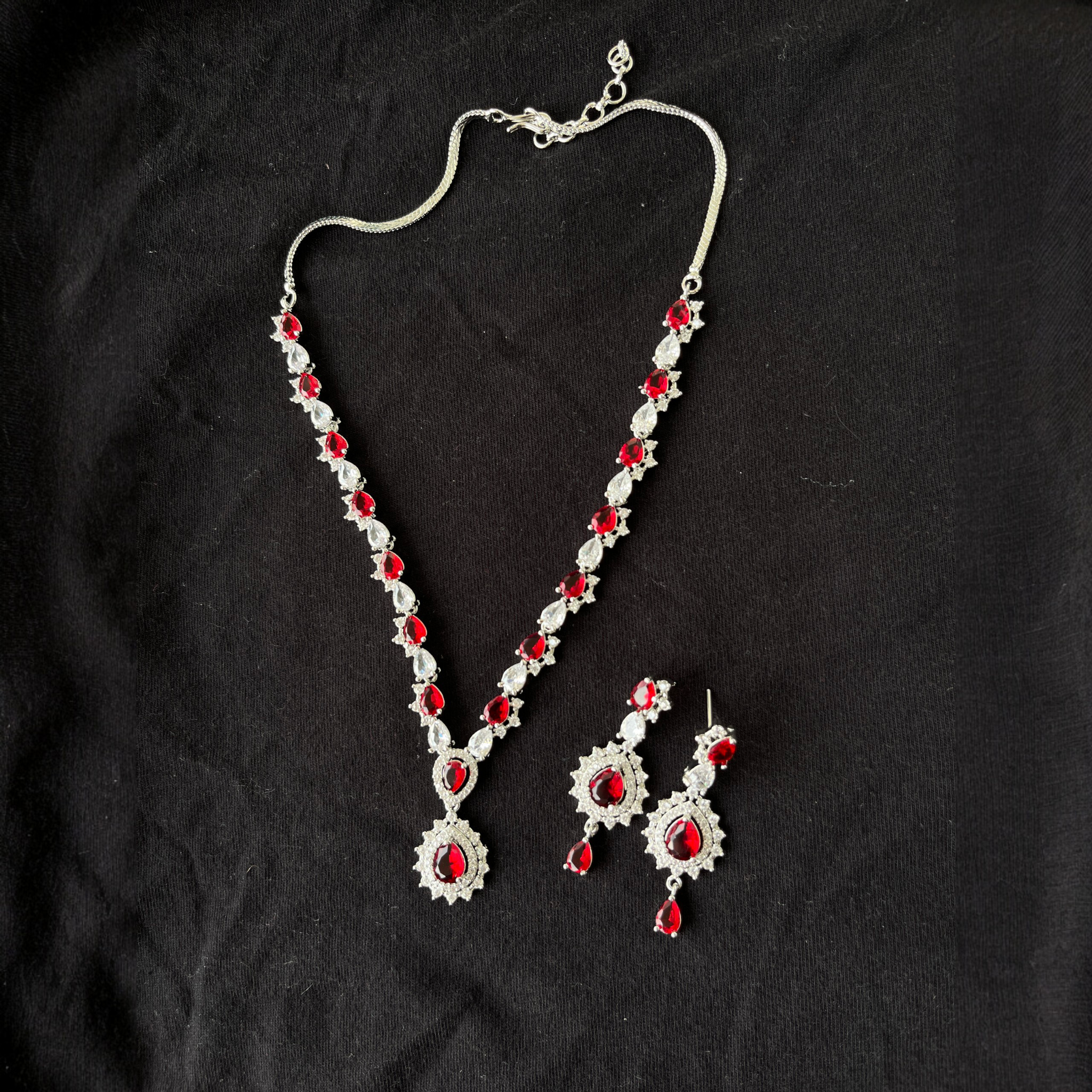 Red Ruby & White American Diamond Necklace Set with Earrings – White Rhodium Plated Premium Fashion Jewelry