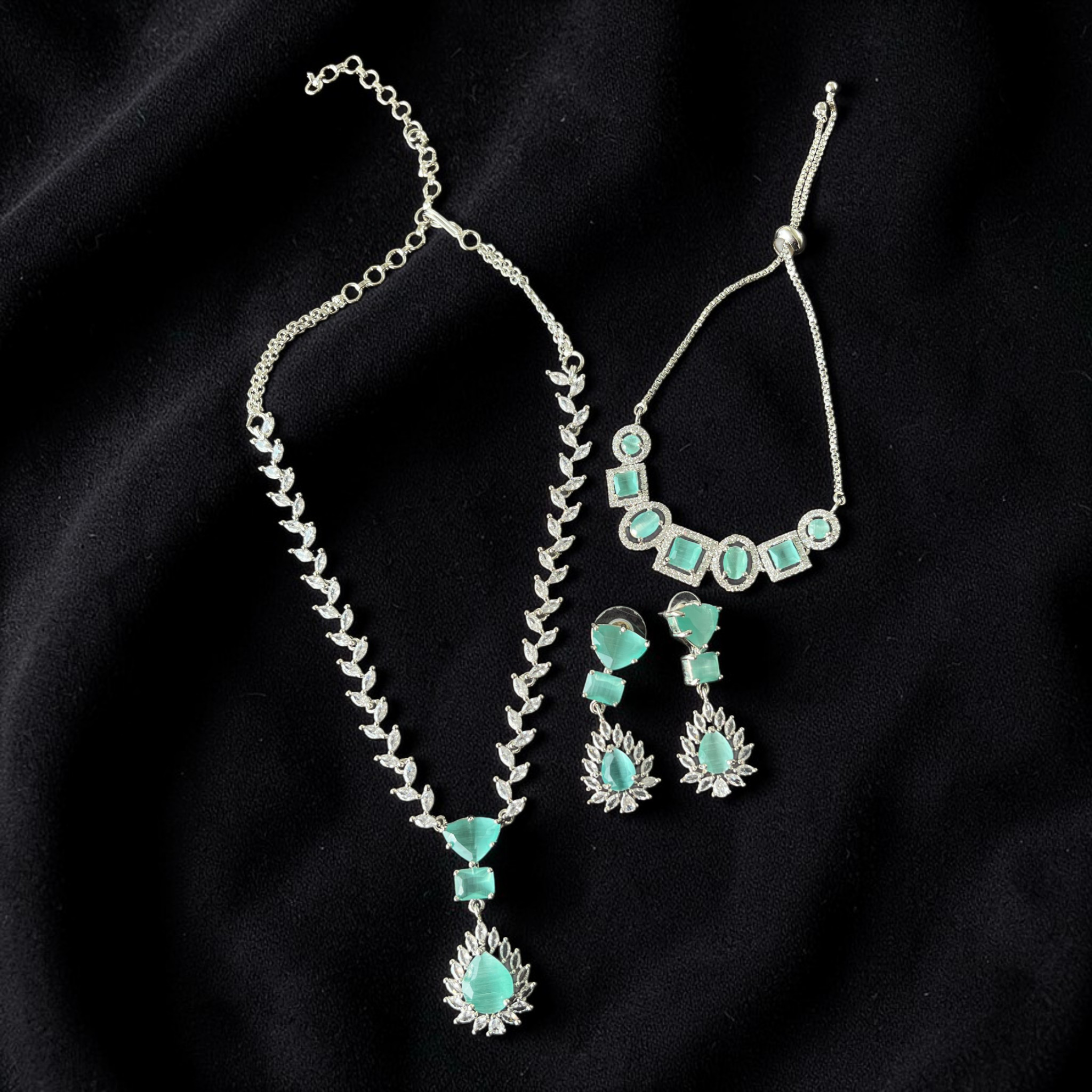 Mint Green American Diamond Necklace Set With Earrings, And FREE Bracelet | Trendy Party Wear