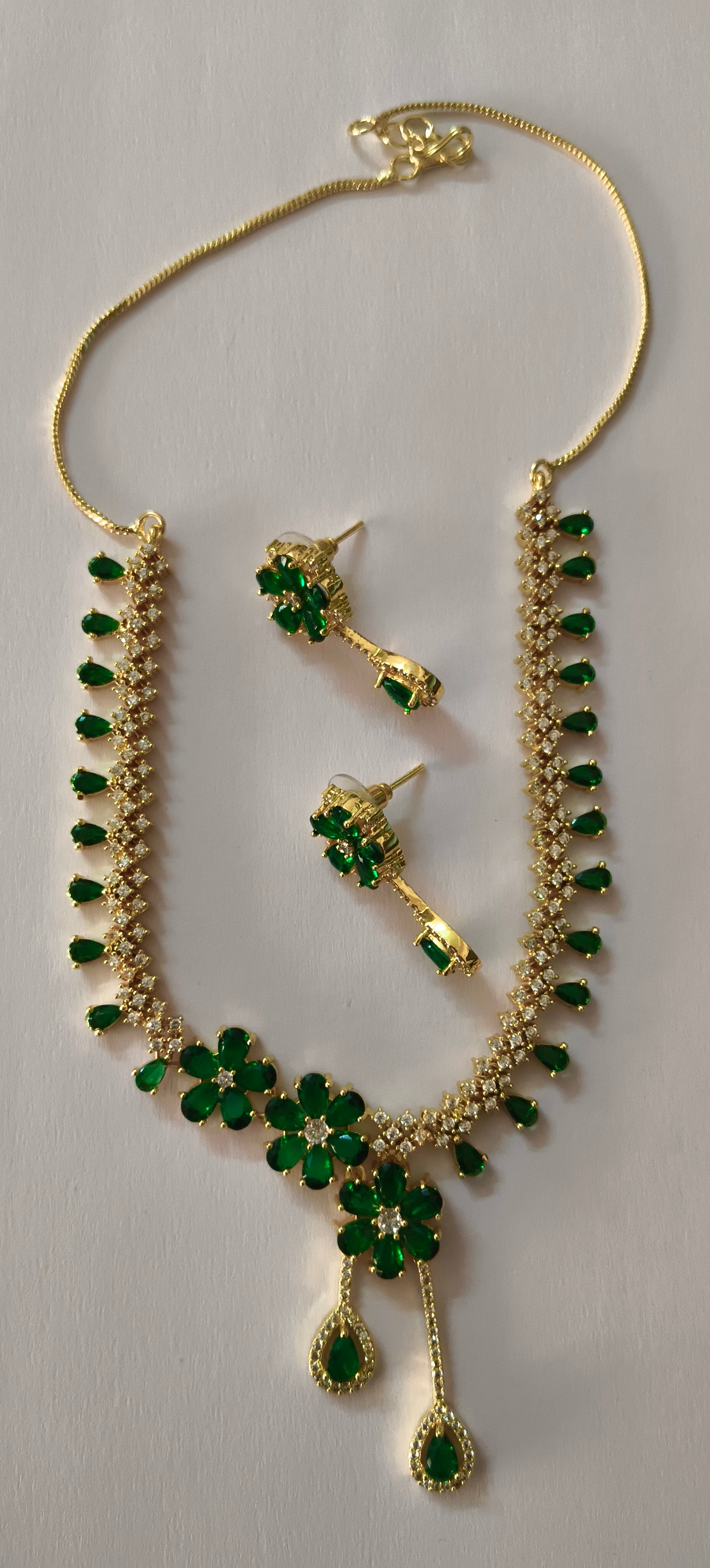 Green Emerald American Diamond Necklace Set With Earrings 18k yellow Gold Plated
