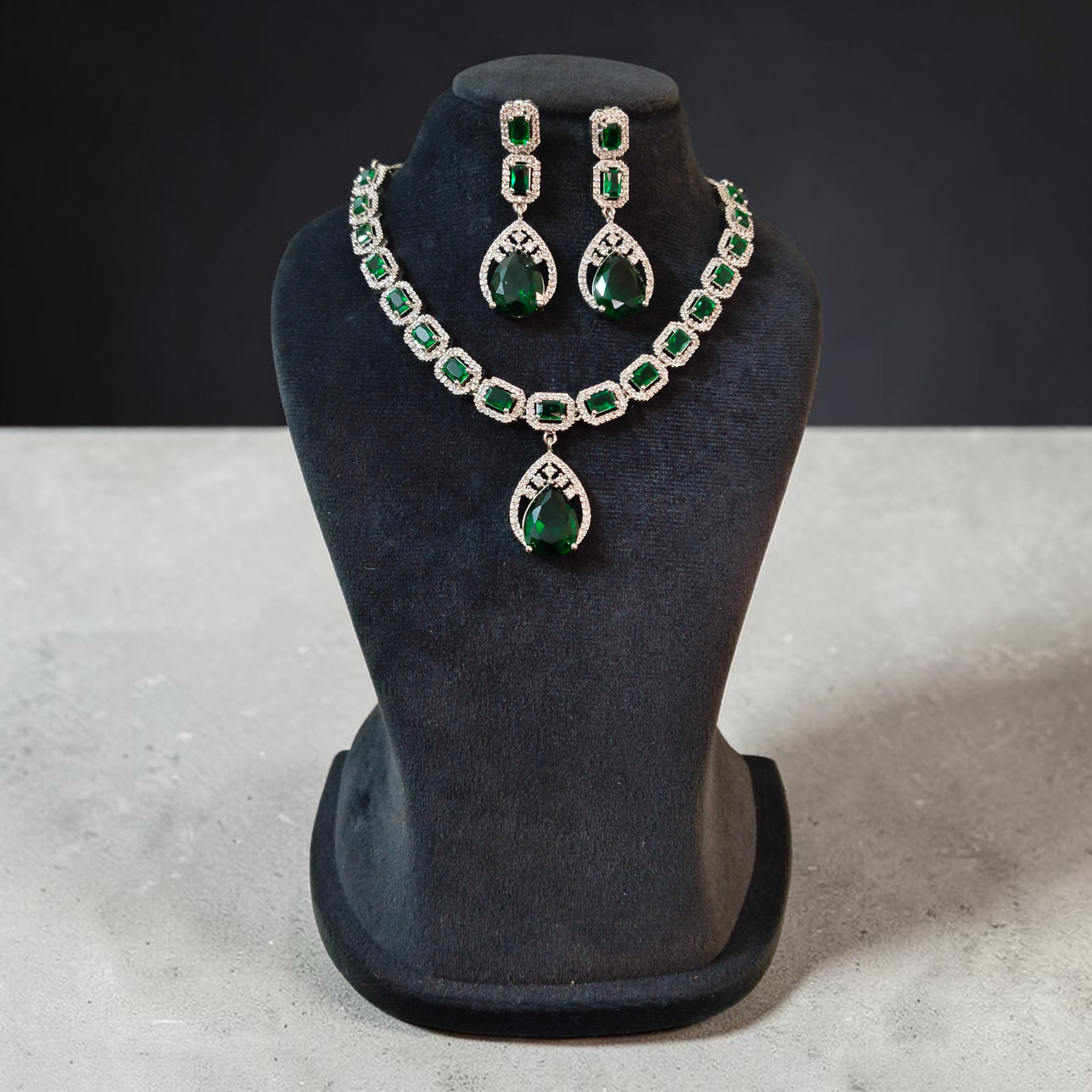 Green Emerald Geometric Shaped American Diamond Necklace Set With Earrings Silver Plated