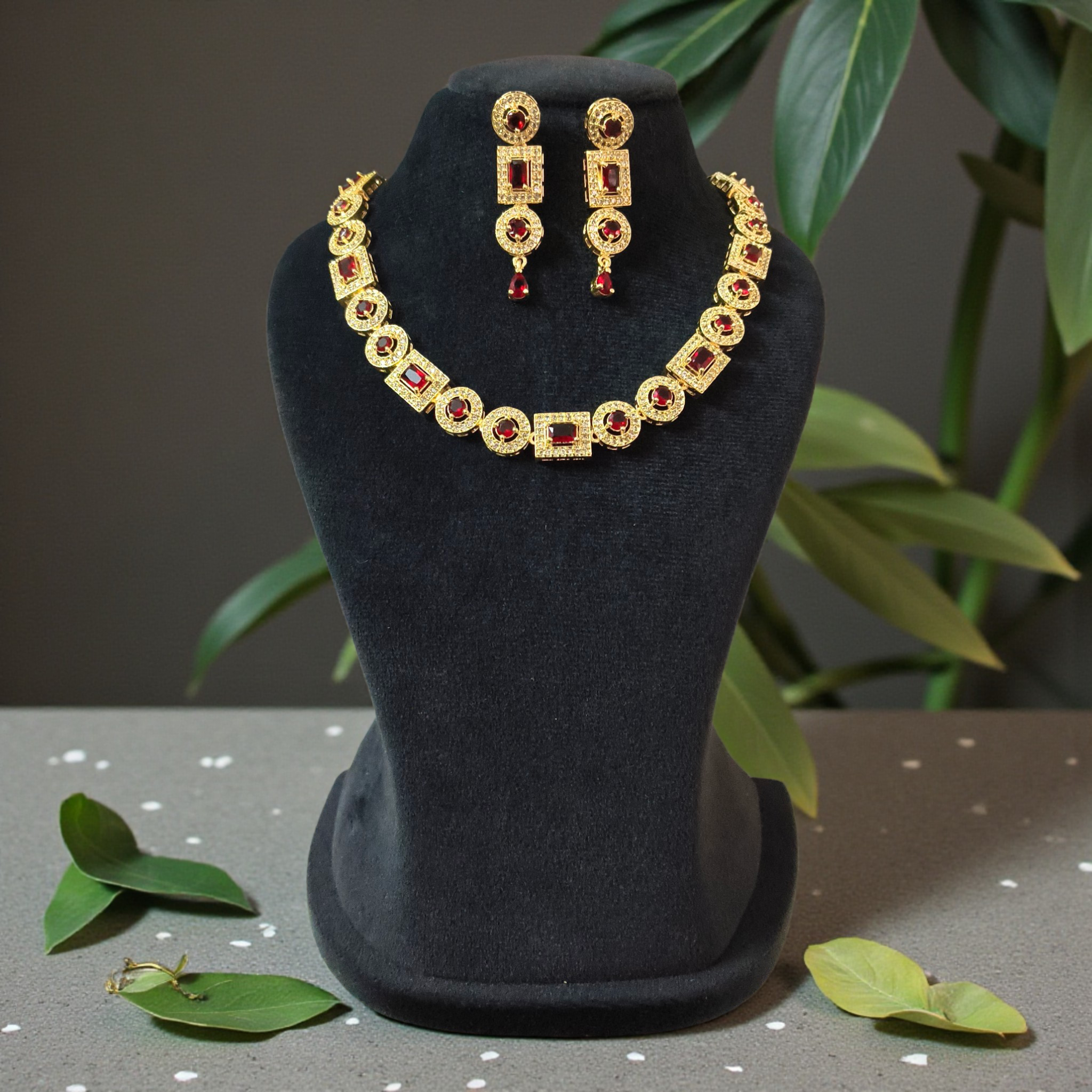 Red Ruby And American Diamond Necklace Set With Earrings 18k yellow Gold Plated