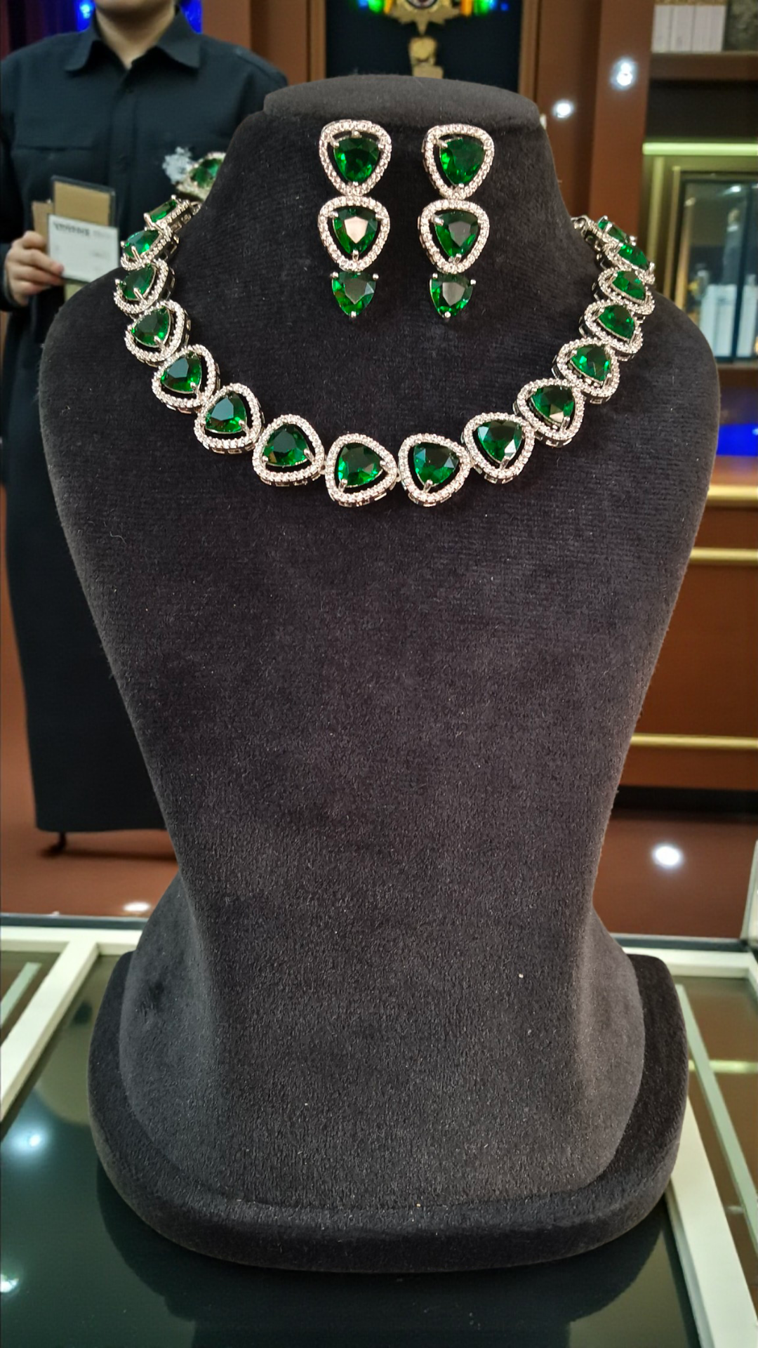 Green Stone Triangle Necklace Set with Earrings And One FREE Bracelet | Combo Offer