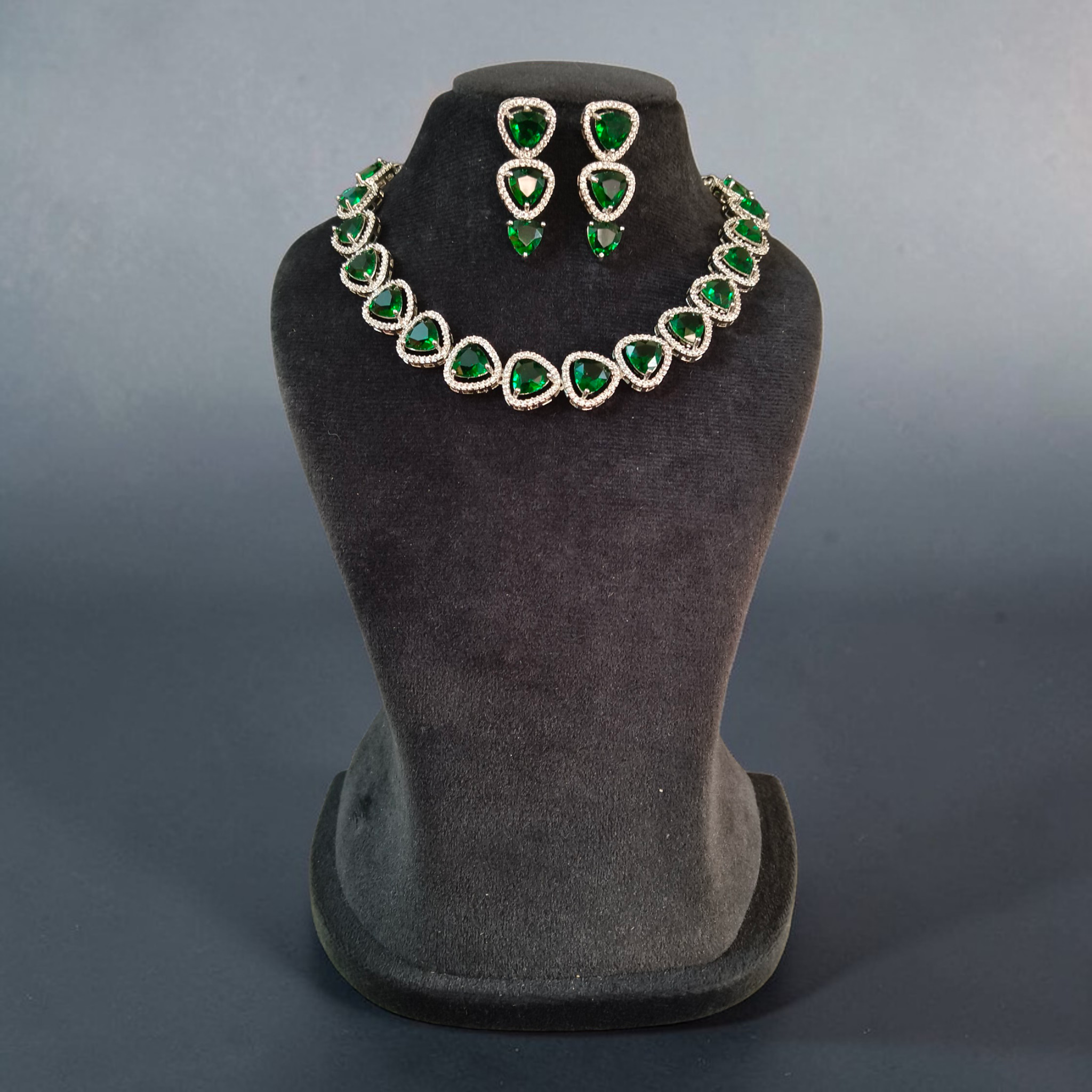 Green Stone Triangle Necklace Set with Earrings And One FREE Bracelet | Combo Offer