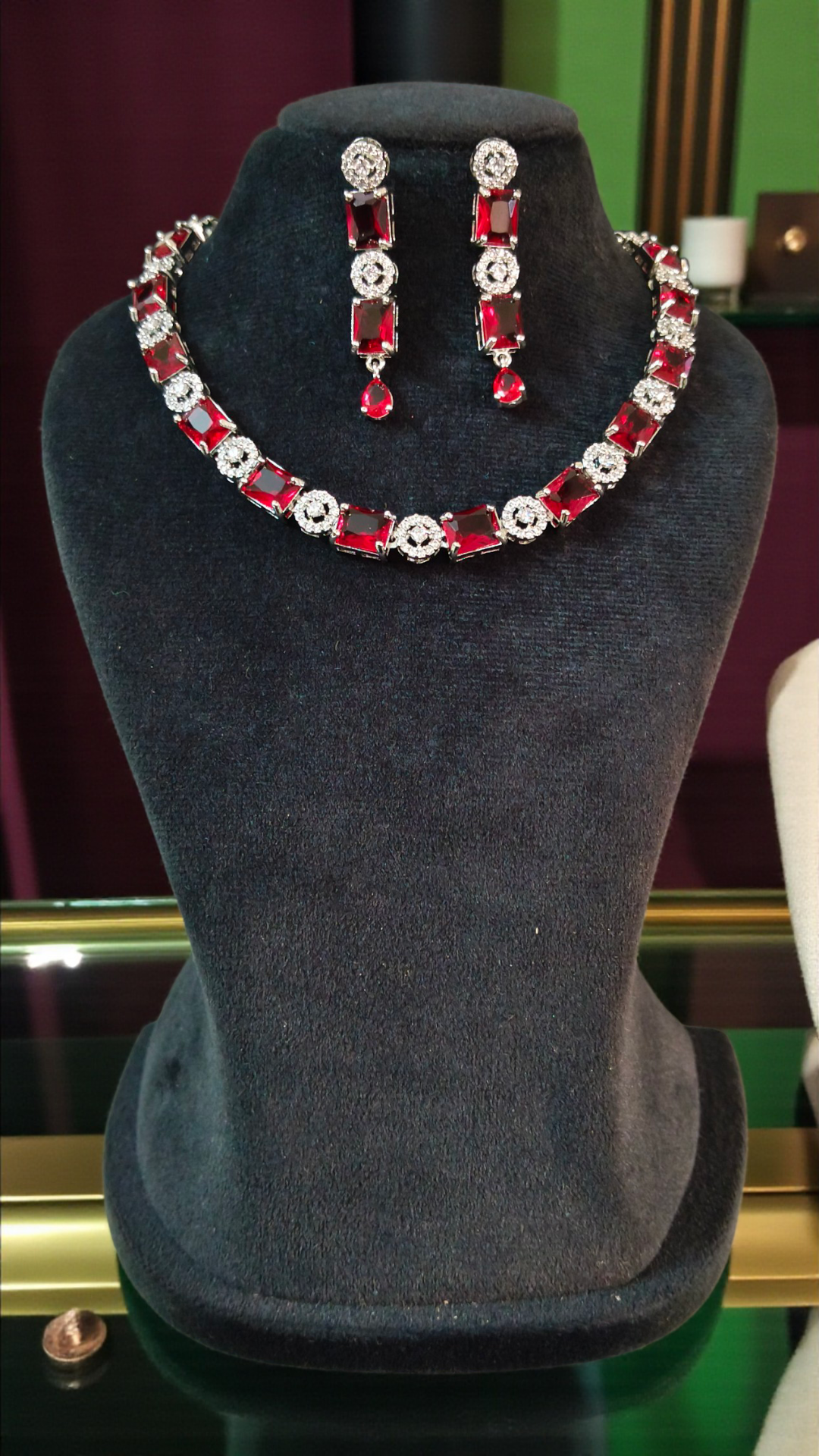 Ruby Red Necklace Set with Earrings, And FREE  Bracelet – Combo Sale | Ruby Red Stone Premium Party Wear Jewelry