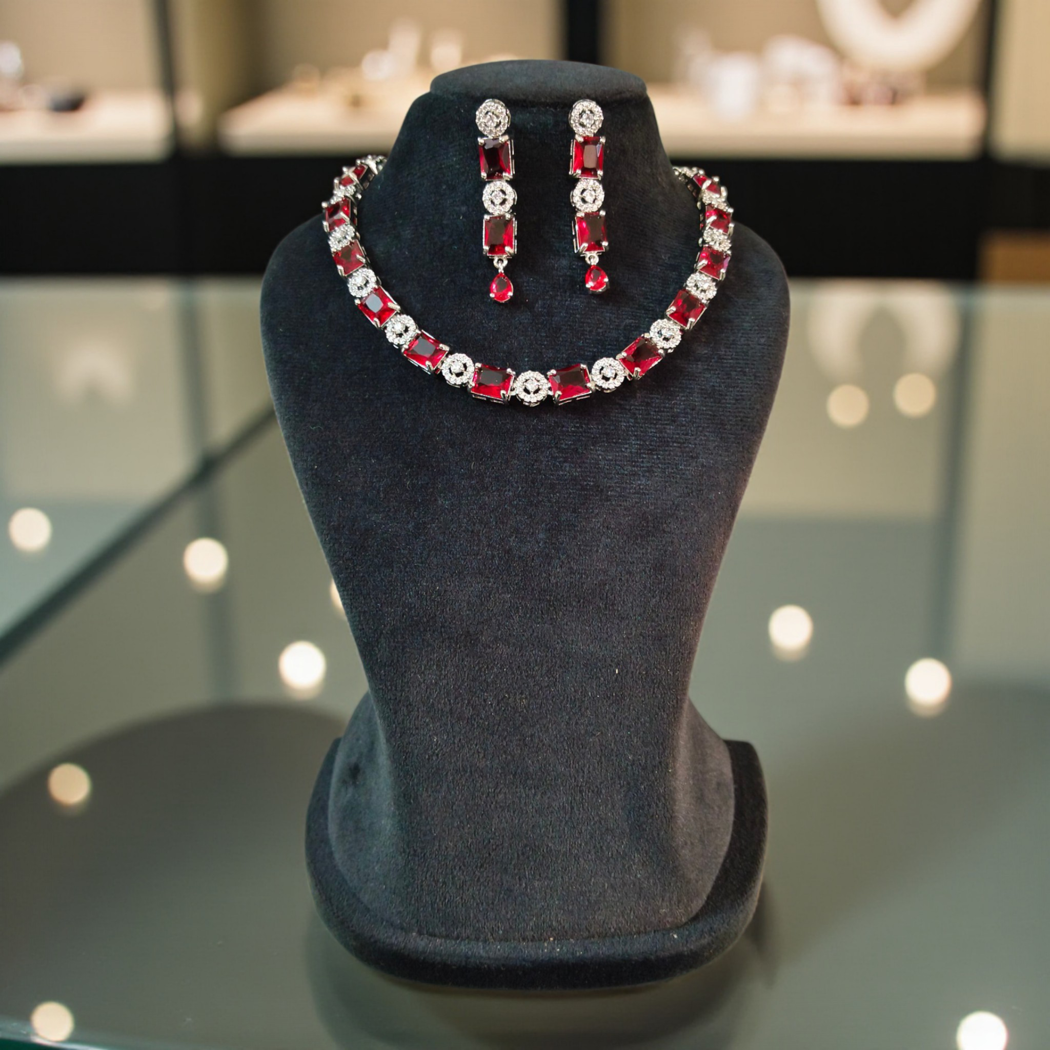 Ruby Red Necklace Set with Earrings, And FREE  Bracelet – Combo Sale | Ruby Red Stone Premium Party Wear Jewelry