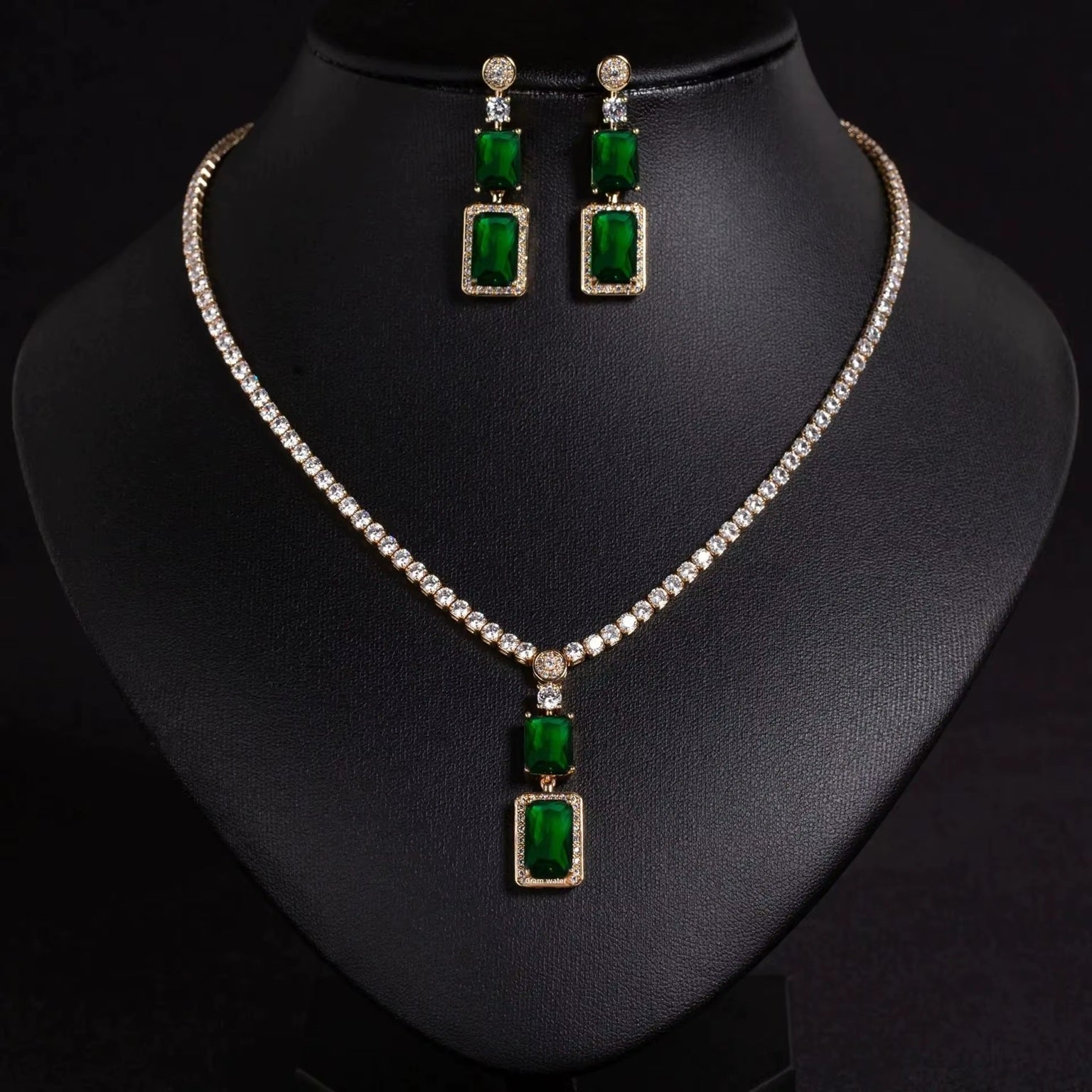 Luxurious Square Geometric American Diamond Necklace Set With Earrings 18k yellow Gold Plated