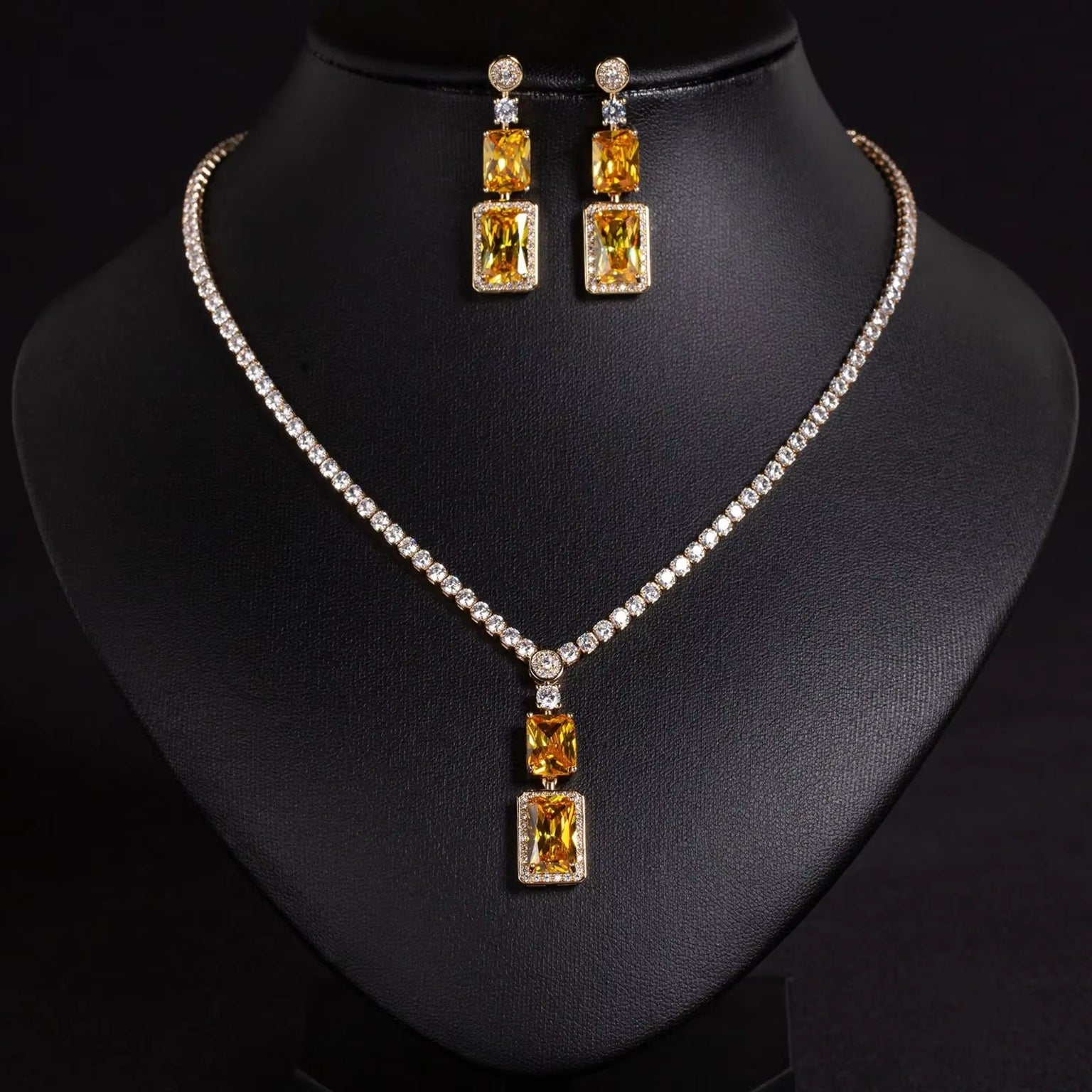 Luxurious Square Geometric American Diamond Necklace Set With Earrings 18k yellow Gold Plated