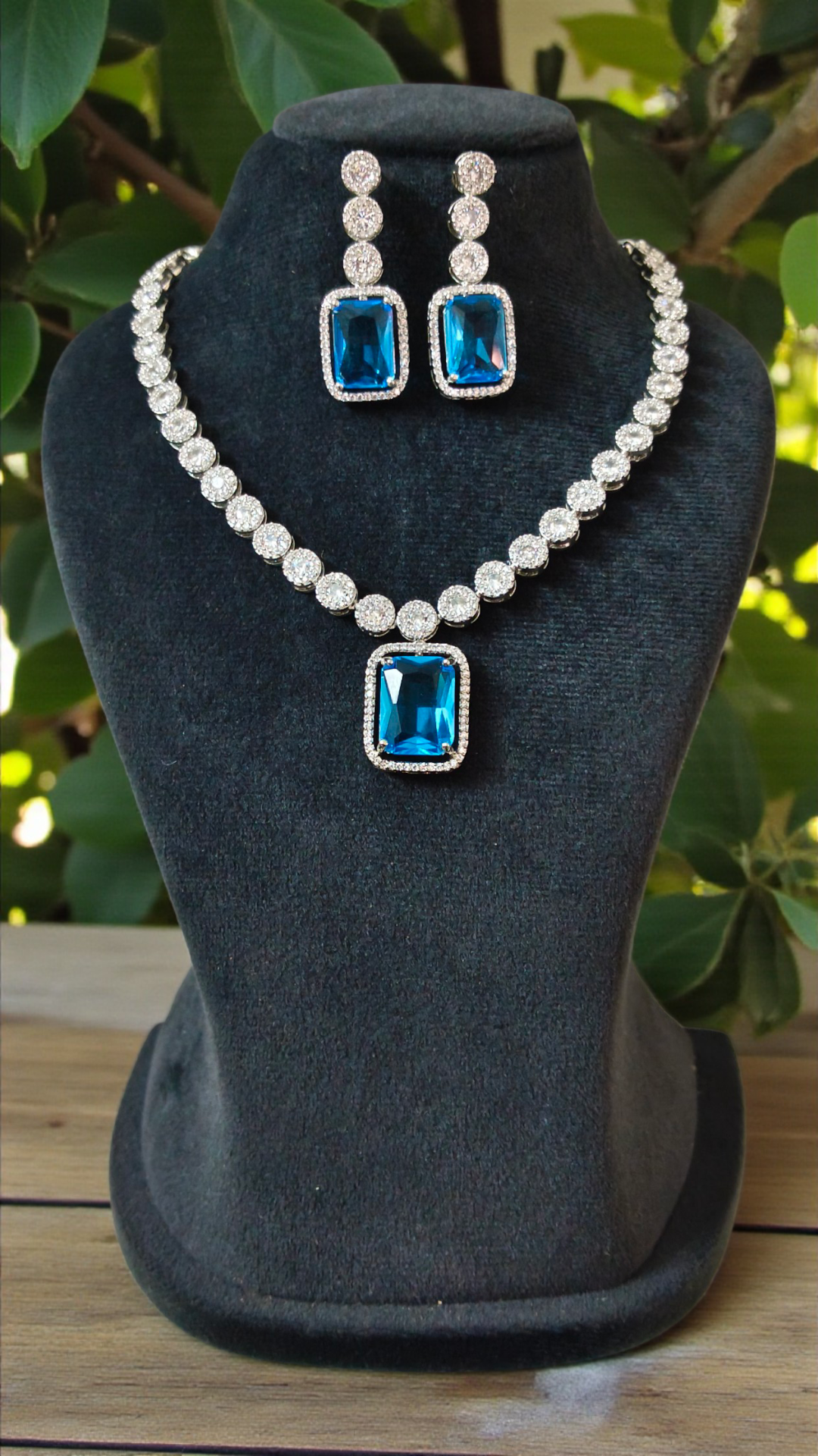 Blue Sapphire Geometric Shaped American Diamond Necklace Set With Earrings Silver Plated