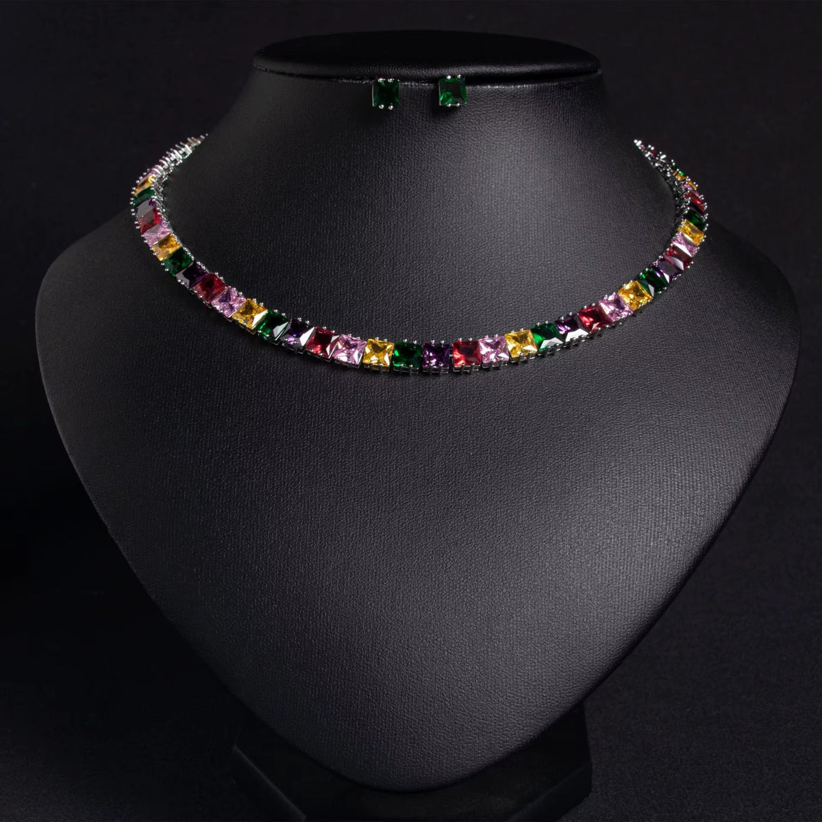 Classic Geometric Square American Diamond Silver Plated Zircon Earrings & Necklace Set for Women-Wedding Engagement Party Gift