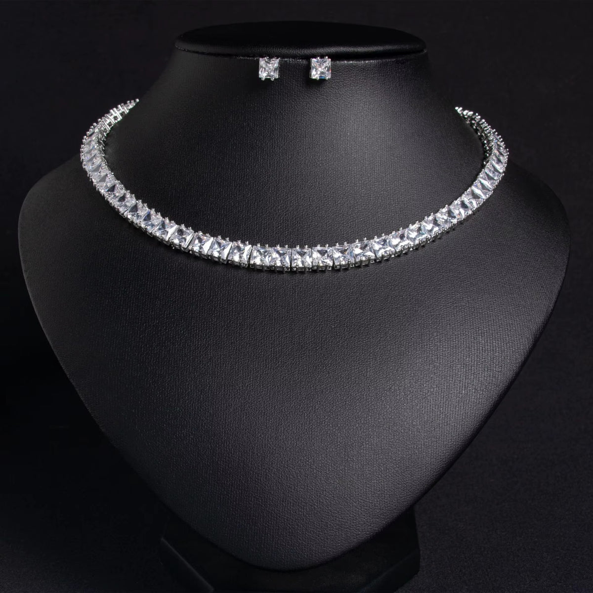 Classic Geometric Square American Diamond Silver Plated Zircon Earrings & Necklace Set for Women-Wedding Engagement Party Gift