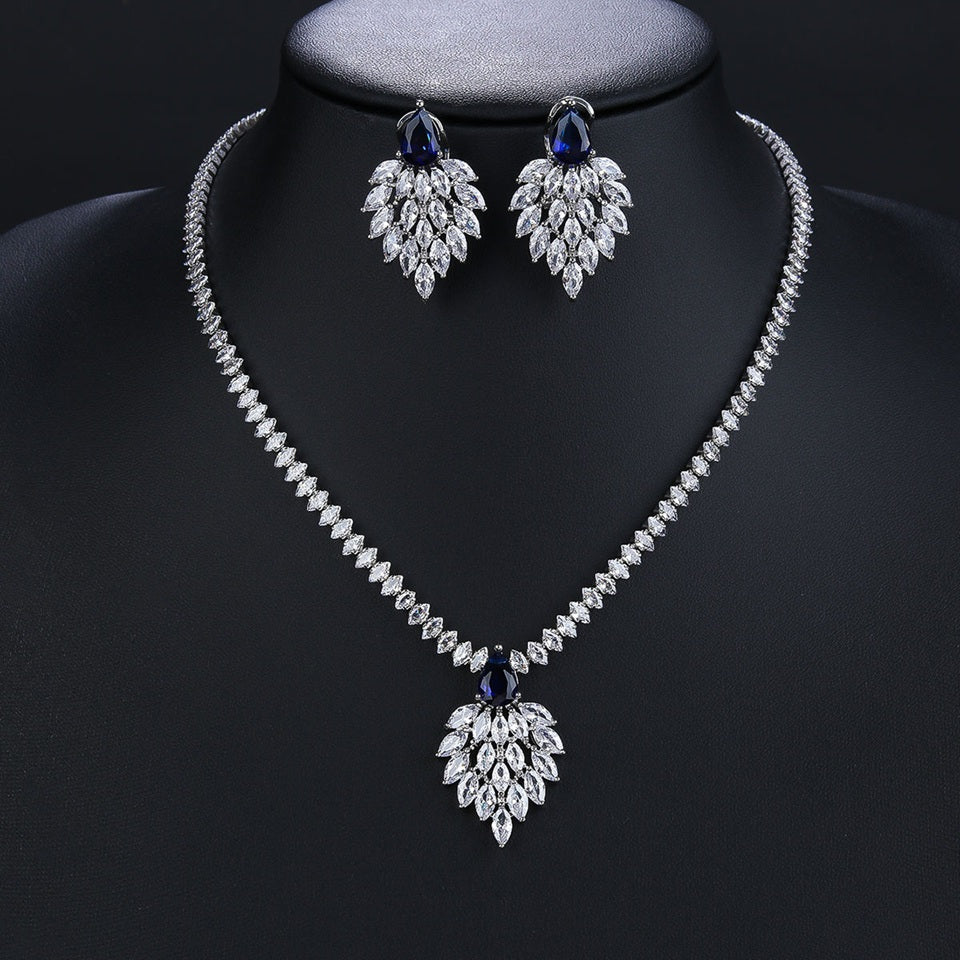 Multicolored Marquise And Drop Shaped American Diamond Necklace Set With Earrings Silver Plated