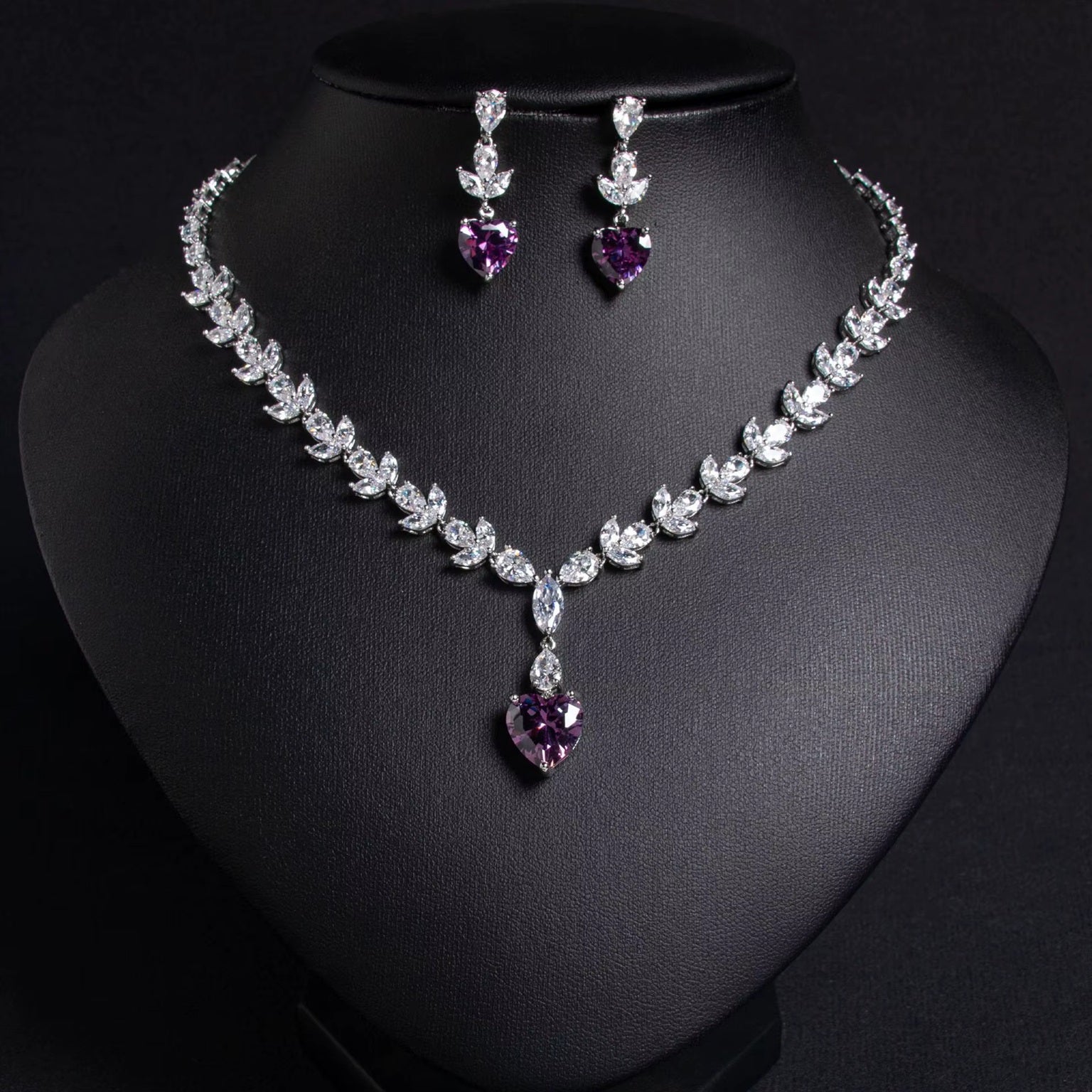 Heart-shaped American Diamond Silver Plated Necklace & Earrings Jewelry Set