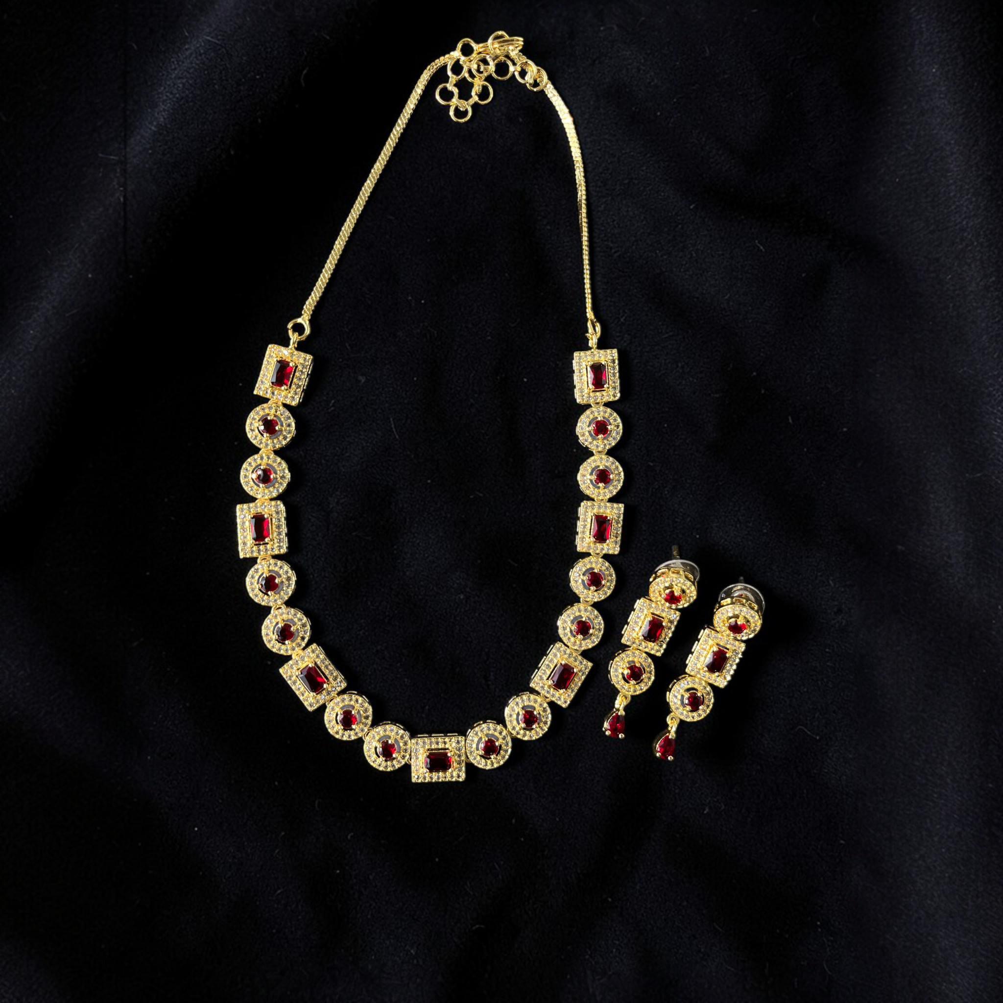 Red Ruby And American Diamond Necklace Set With Earrings 18k yellow Gold Plated