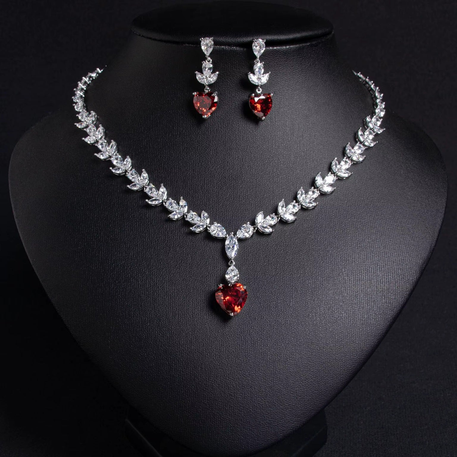 Heart-shaped American Diamond Silver Plated Necklace & Earrings Jewelry Set