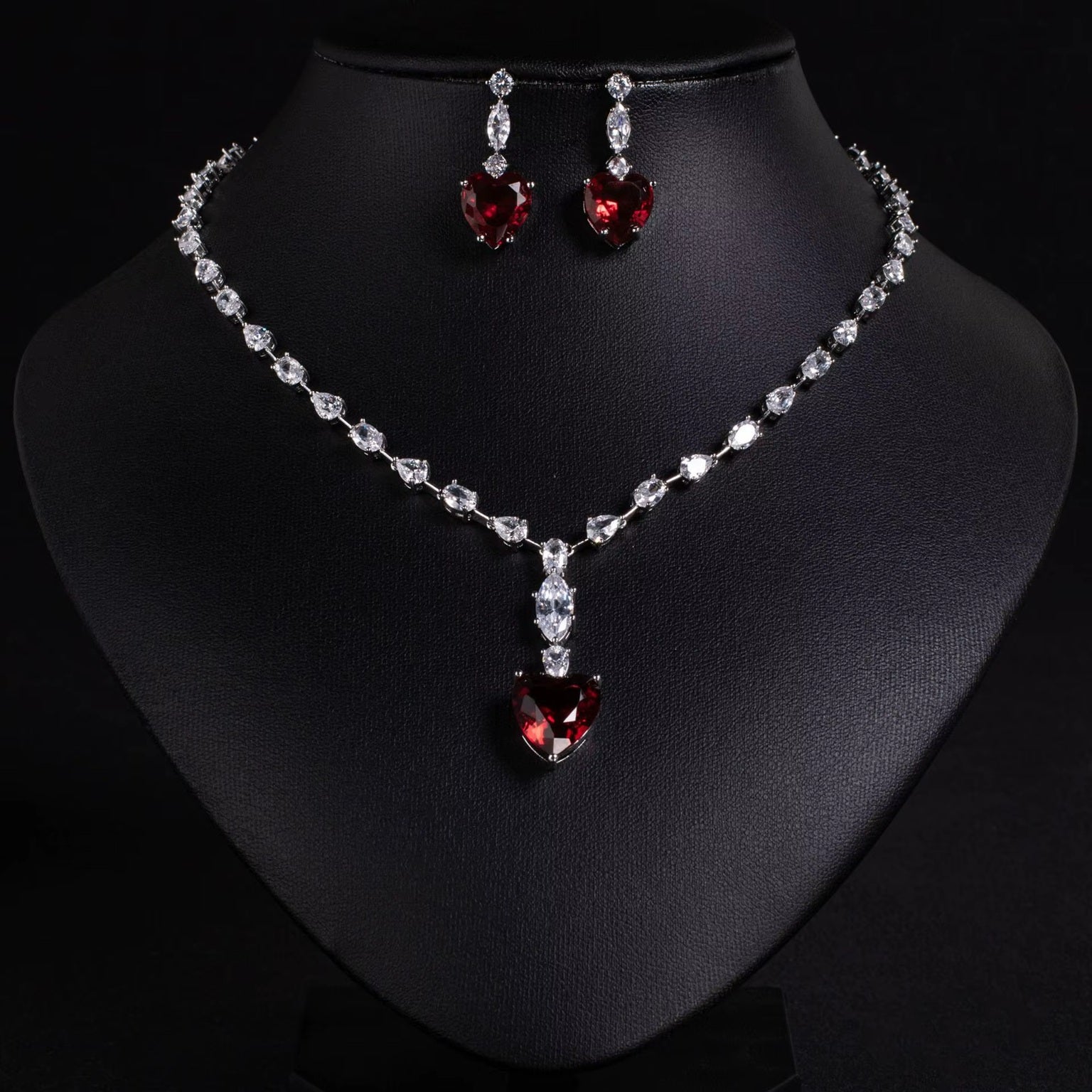 Multi Colored Heart Stone Imported American Diamond Necklace Set with Earrings In White Rhodium Plated