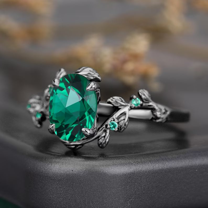 Pure Silver Ring With Natural Green Emerald Stones with Nature Touch leaf Art Style