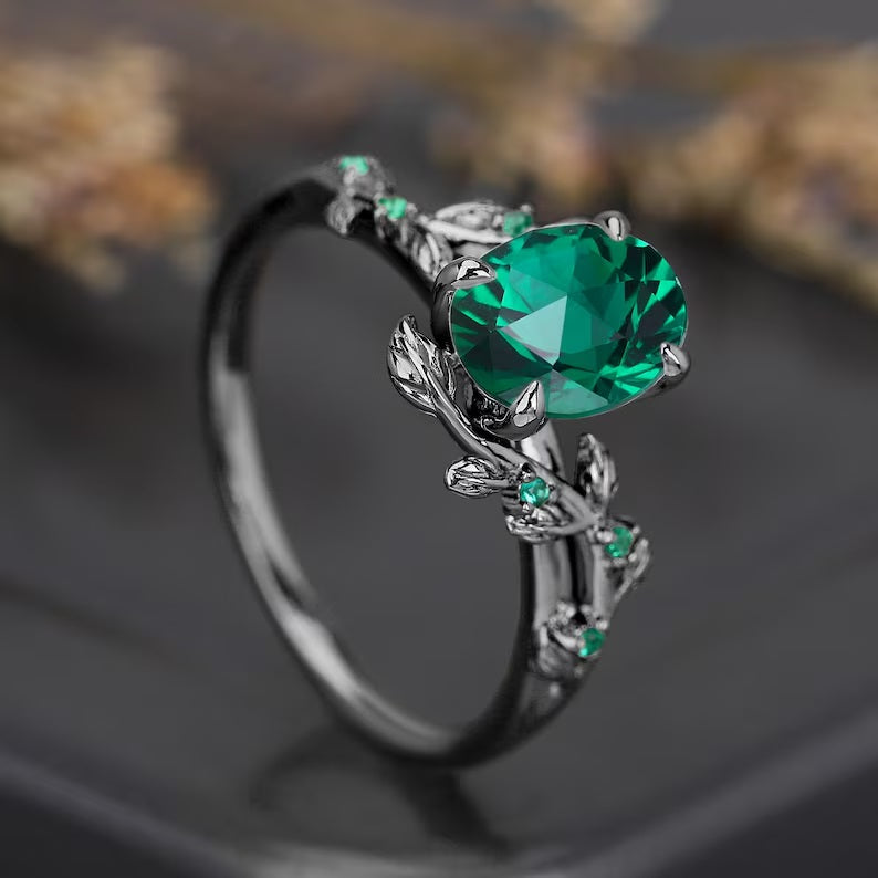 Pure Silver Ring With Natural Green Emerald Stones with Nature Touch leaf Art Style