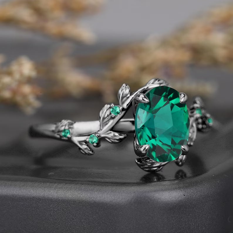 Pure Silver Ring With Natural Green Emerald Stones with Nature Touch leaf Art Style