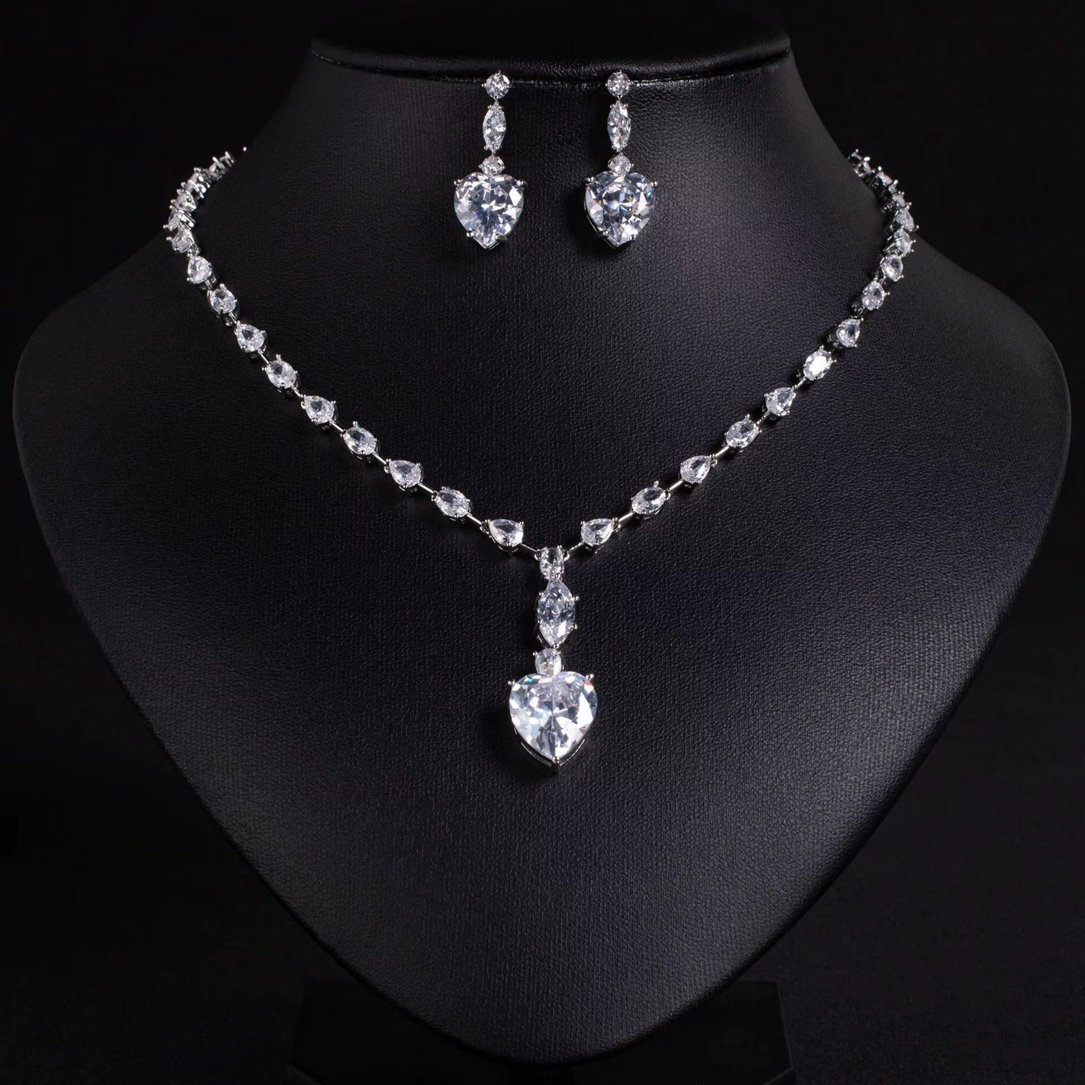 Multi Colored Heart Stone Imported American Diamond Necklace Set with Earrings In White Rhodium Plated