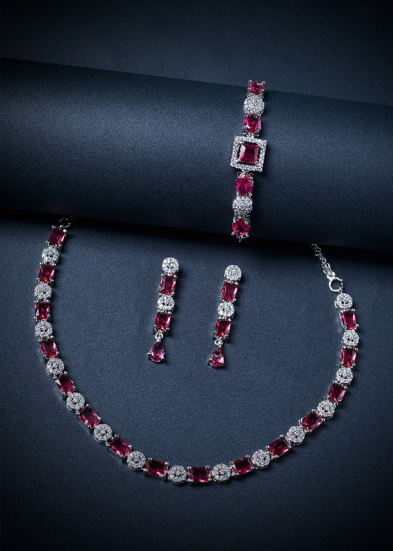 Ruby Red Necklace Set with Earrings, And FREE  Bracelet – Combo Sale | Ruby Red Stone Premium Party Wear Jewelry