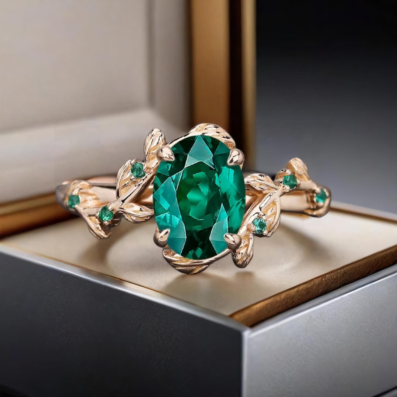Pure Silver Ring With Natural Green Emerald Stones with Nature Touch leaf Art Style