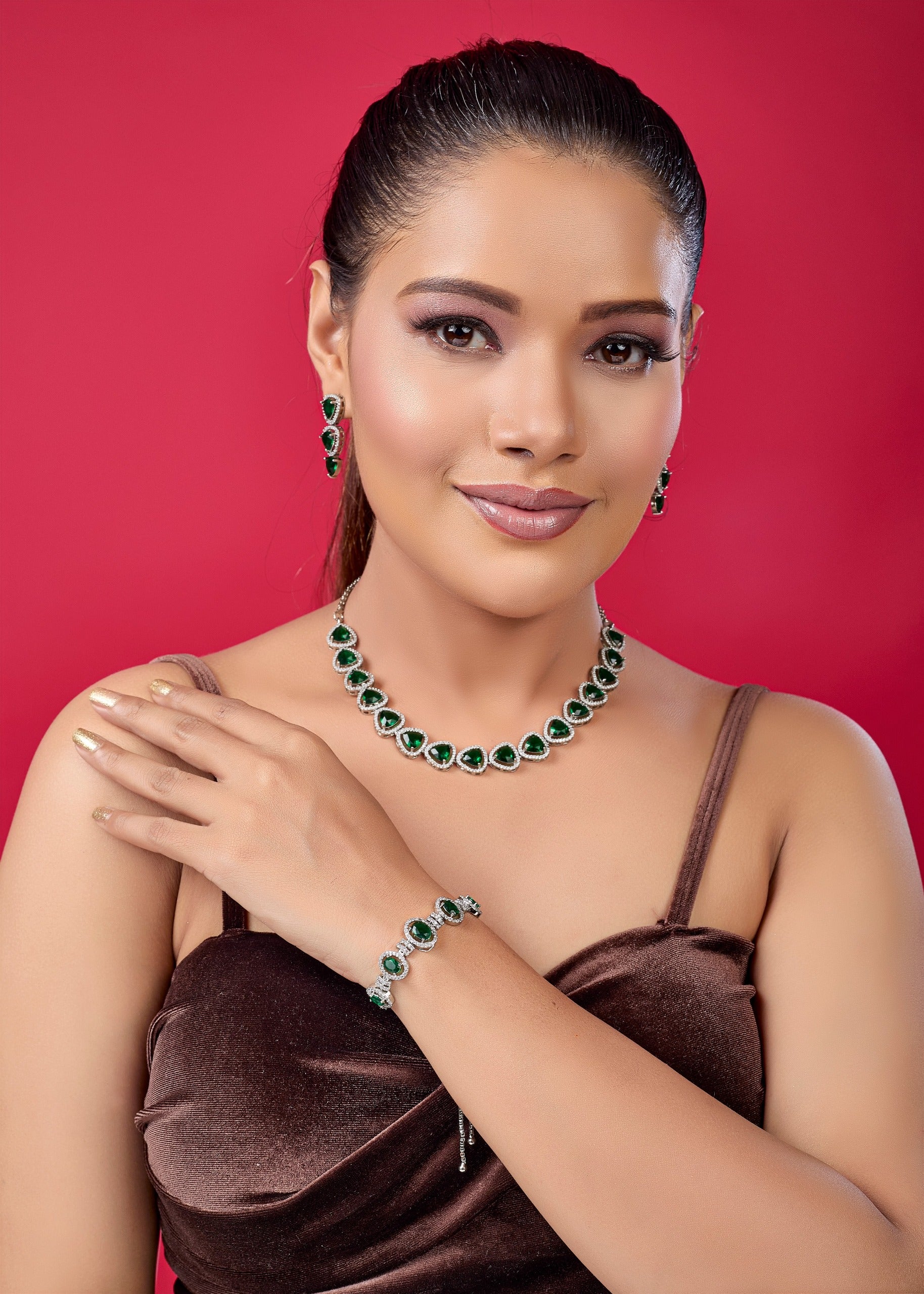 Green Stone Triangle Necklace Set with Earrings And One FREE Bracelet | Combo Offer
