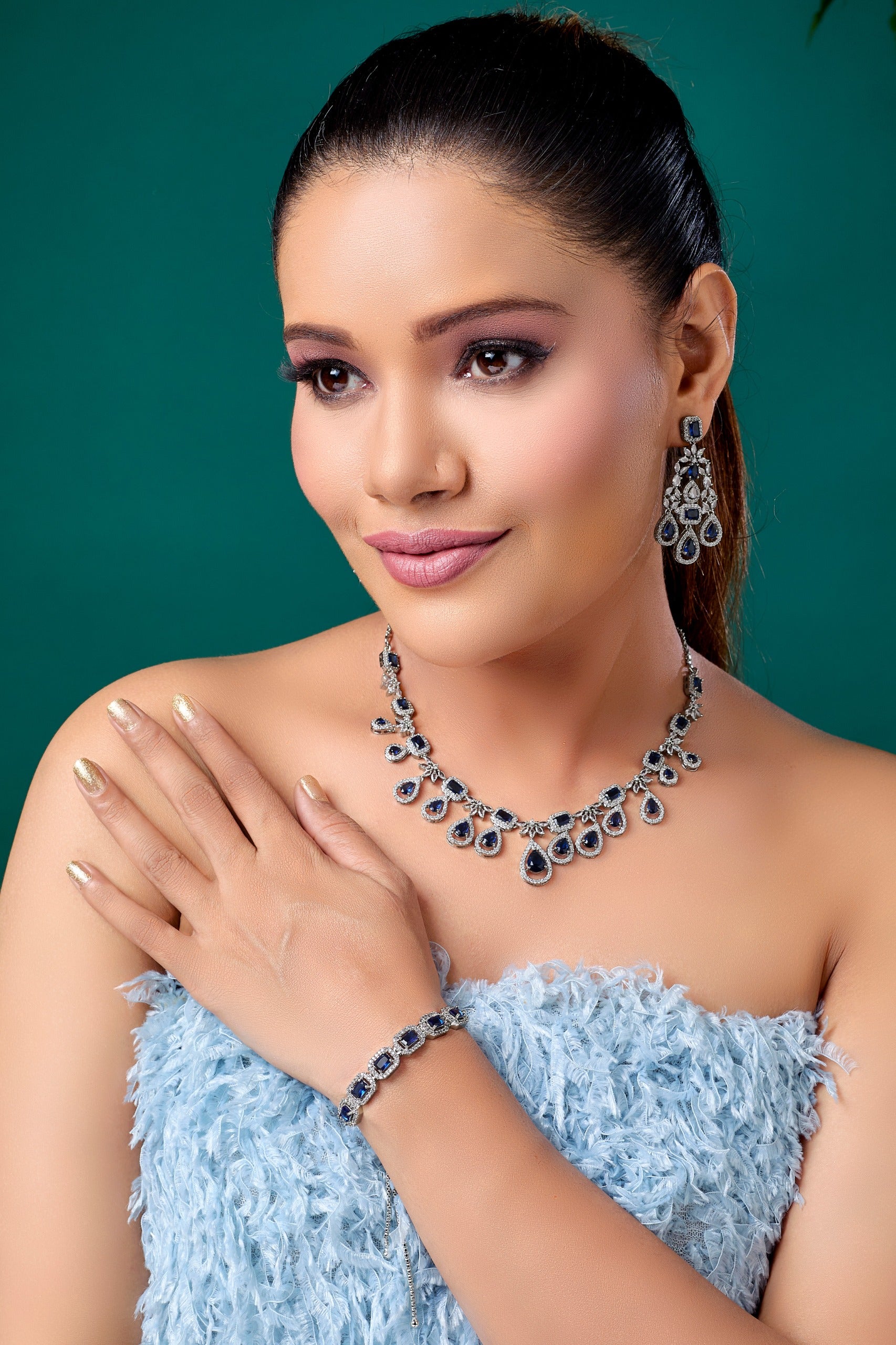 Blue Stone Jewelry Set –Necklace And Earrings With FREE Bracelet, Combo for Women | Wedding & Festive Wear